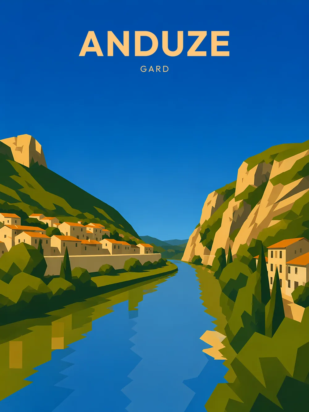 Illustration d'Anduze, dans le département de Gard, réalisée dans un style d'affiche touristique vintage. L'image présente un paysage naturel avec des collines verdoyantes de part et d'autre d'un cours d'eau tranquille. Les bâtiments aux teintes chaudes se trouvent sur la rive, tandis que le ciel bleu éclatant illumine la scène. Ce tableau graphique, aux formes géométriques et aux aplats de couleurs, reflète l'ambiance paisible d'Anduze, une commune reconnue pour son patrimoine naturel et historique, et son attrait pour les amoureux de la nature.