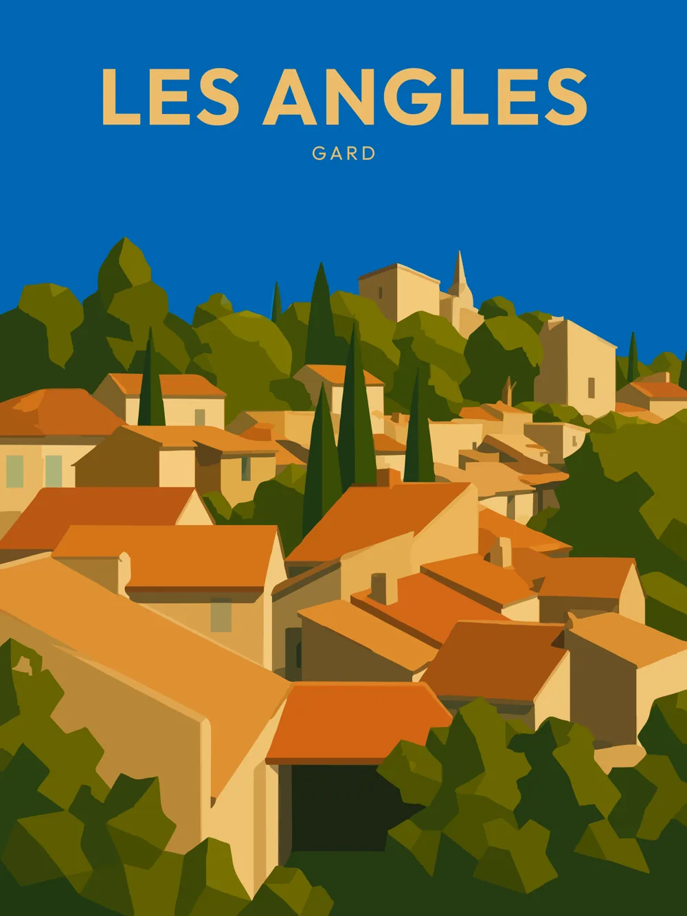 Illustration de Les Angles, dans le département de Gard, réalisée dans un style d'affiche touristique vintage. La composition met en avant les maisons aux toits orangés, regroupées sur une colline verdoyante, avec des façades lumineuses et des arbres typiques de la région. Le ciel bleu vif contraste avec les couleurs chaudes des bâtiments, créant une atmosphère accueillante. Les Angles est réputé pour son charme provençal et son cadre naturel, offrant aux visiteurs une expérience authentique du patrimoine local.