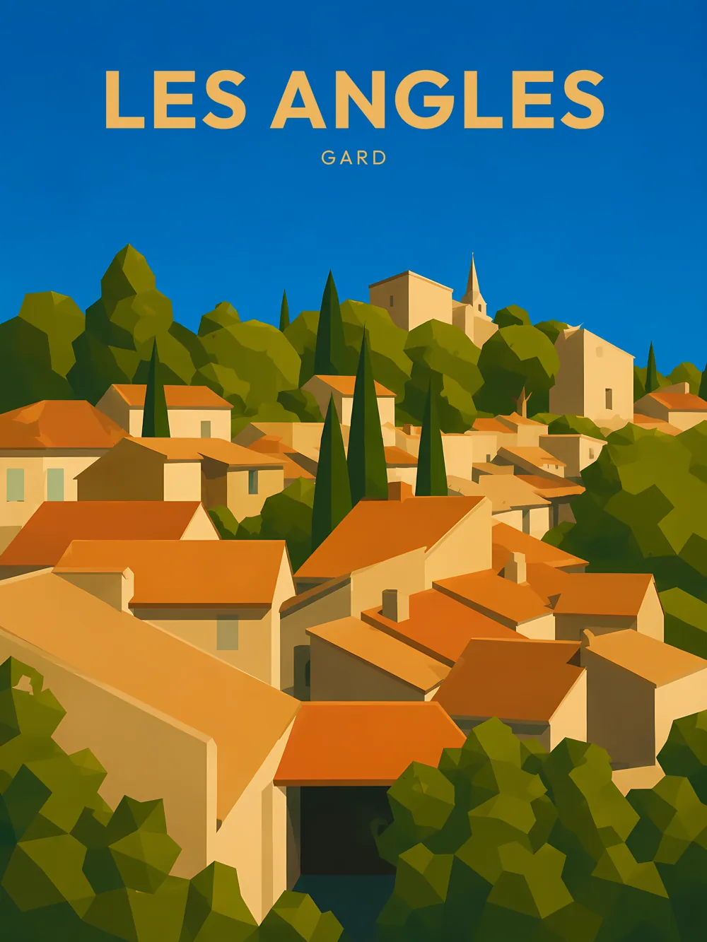Illustration de Les Angles, dans le département de Gard, réalisée dans un style d'affiche touristique vintage. La composition met en avant les maisons aux toits orangés, regroupées sur une colline verdoyante, avec des façades lumineuses et des arbres typiques de la région. Le ciel bleu vif contraste avec les couleurs chaudes des bâtiments, créant une atmosphère accueillante. Les Angles est réputé pour son charme provençal et son cadre naturel, offrant aux visiteurs une expérience authentique du patrimoine local.