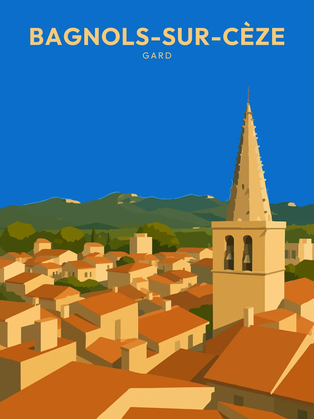 Illustration de Bagnols-sur-Cèze, dans le département de Gard, réalisée dans un style d'affiche touristique vintage. L'image présente un panorama de la commune avec un clocher pointu dominant un ensemble de maisons aux toits orange. En arrière-plan, des collines verdoyantes ajoutent de la profondeur à la scène, tandis qu'un ciel bleu éclatant illumine l'ensemble. Cette commune est remarquable pour son patrimoine historique et son atmosphère tranquille. Le patrimoine local, entre histoire et nature, fait de Bagnols-sur-Cèze une destination prisée.