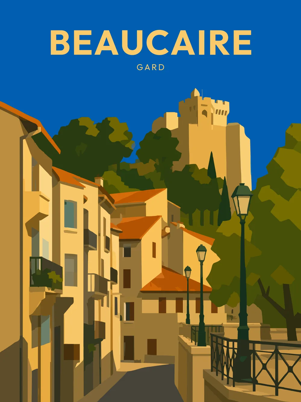 Illustration de Beaucaire, dans le département du Gard, réalisée dans un style d'affiche touristique vintage. L'image présente une vue de la commune avec des maisons aux façades claires sur la gauche, tandis qu'un château médiéval se dresse sur une colline à l'arrière-plan. Les arbres verdoyants et les lampadaires ajoutent une touche de vie à la scène. La palette de couleurs chaudes et les formes géométriques simplifiées évoquent un style rétro. Beaucaire est remarquable pour son riche patrimoine médiéval et son ambiance provençale, faisant de cette commune un lieu d'intérêt touristique.