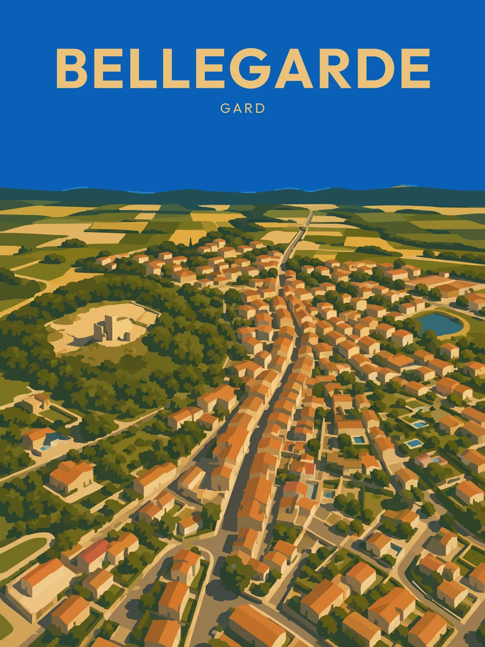 Illustration de Bellegarde, dans le département de Gard, réalisée dans un style d'affiche touristique vintage. Cette composition aérienne met en avant le village de Bellegarde, avec ses maisons aux toits dorés entourées de verdure et de champs. Le point de vue offre une vue d'ensemble sur la disposition des bâtiments et la nature environnante. Le ciel bleu vif apporte une lumière éclatante à l'ensemble, tandis que le style graphique vintage avec des aplats de couleurs et des formes simplifiées renforce le charme de l'affiche. Bellegarde est remarquable pour son patrimoine historique et ses paysages vallonnés, témoignant de l'harmonie entre l'urbanisme et la nature.