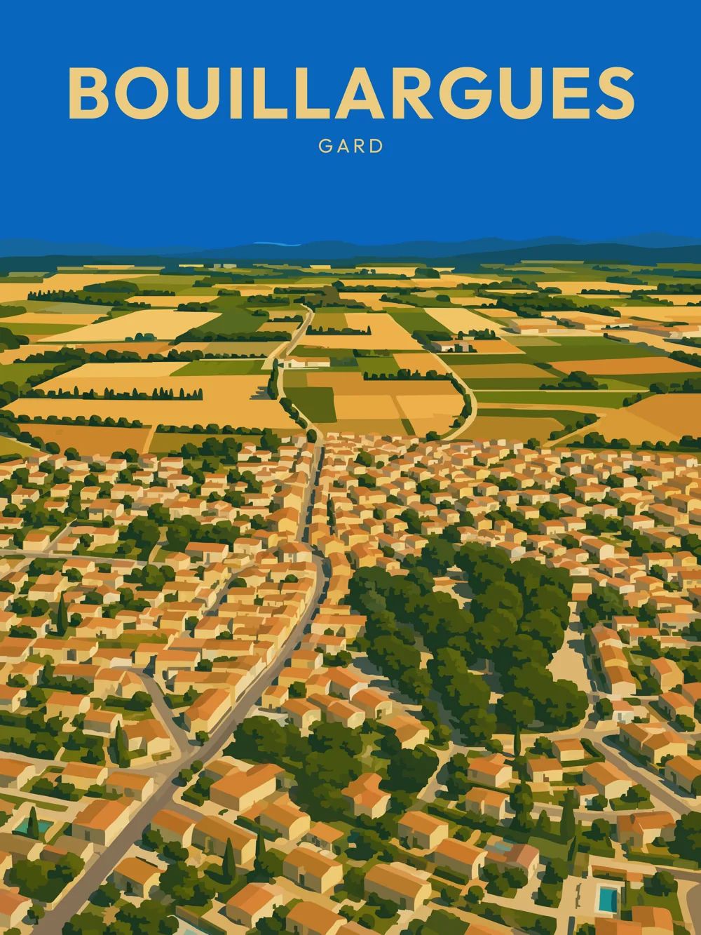 Illustration de Bouillargues, dans le département de Gard, réalisée dans un style d'affiche touristique vintage. La composition présente un panorama aérien de la commune, avec une vue sur les maisons aux toits en tuiles, intégrées dans un paysage de champs vallonnés aux couleurs dorées et vertes. Le ciel est d'un bleu profond, mettant en avant la simplicité et l'harmonie des formes géométriques. Bouillargues est remarquable pour son cadre naturel et son ambiance paisible. Le patrimoine local, riche en histoire et en paysages, mérite d'être découvert.