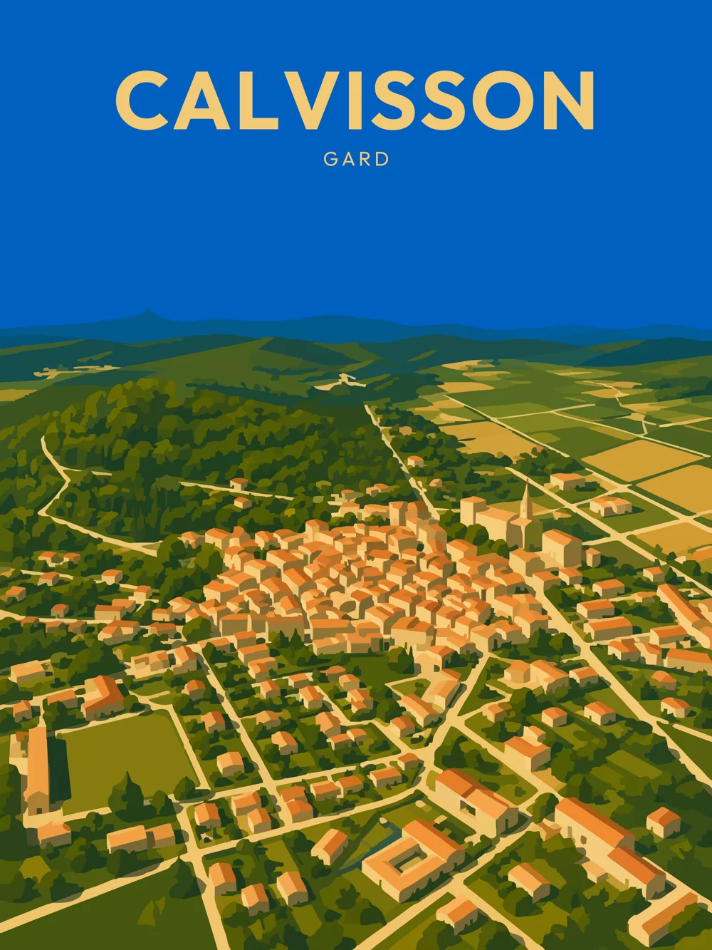 Illustration de Calvisson, dans le département de Gard, réalisée dans un style d'affiche touristique vintage. Cette vue aérienne présente les habitations aux teintes chaudes, entourées de champs et de collines verdoyantes. Le ciel bleu en arrière-plan accentue la lumière du jour, créant une ambiance sereine. La composition épurée et les aplats de couleurs rappellent le style rétro des années 1950-1970. Calvisson est reconnue pour son patrimoine rural et son environnement naturel. La richesse de son paysage en fait une destination prisée pour les amoureux de la nature.