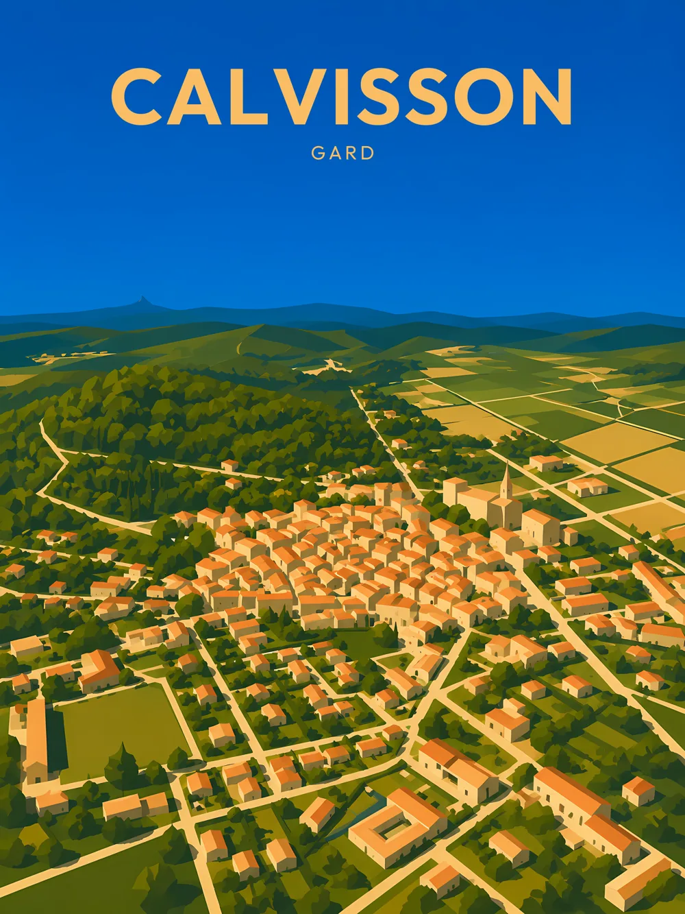 Illustration de Calvisson, dans le département de Gard, réalisée dans un style d'affiche touristique vintage. Cette vue aérienne présente les habitations aux teintes chaudes, entourées de champs et de collines verdoyantes. Le ciel bleu en arrière-plan accentue la lumière du jour, créant une ambiance sereine. La composition épurée et les aplats de couleurs rappellent le style rétro des années 1950-1970. Calvisson est reconnue pour son patrimoine rural et son environnement naturel. La richesse de son paysage en fait une destination prisée pour les amoureux de la nature.