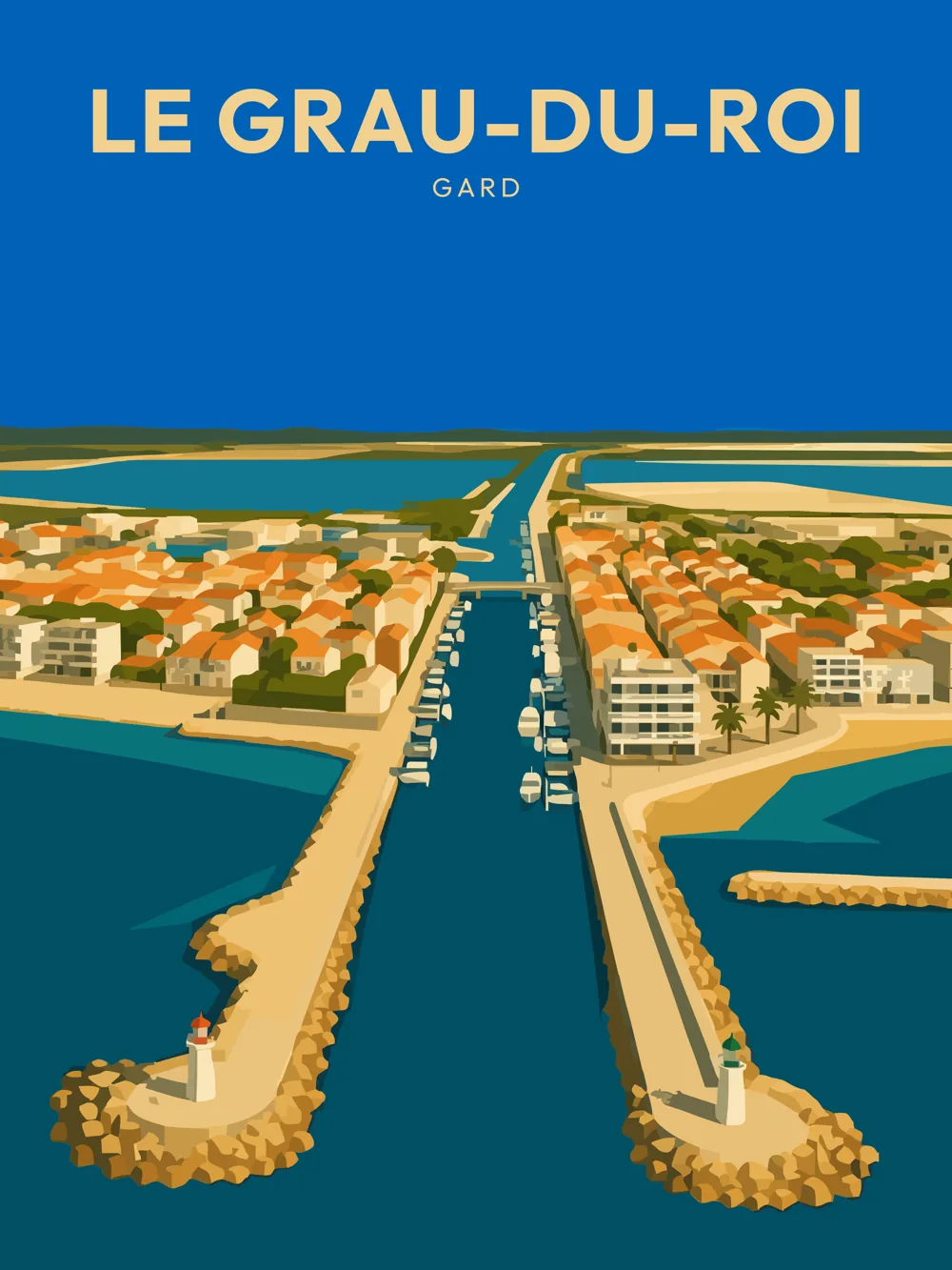Illustration de Le Grau-du-Roi, dans le département de Gard, réalisée dans un style d'affiche touristique vintage. Cette composition aérienne met en avant le port avec ses jetées et bateaux, entouré de maisons colorées et de paysages marins. Les aplats de couleurs chaudes et le ciel bleu créent une ambiance estivale. Le Grau-du-Roi est remarquable pour son port de plaisance et ses plages, offrant un cadre idéal pour les activités nautiques et la détente. Le patrimoine local témoigne d'une riche histoire maritime.