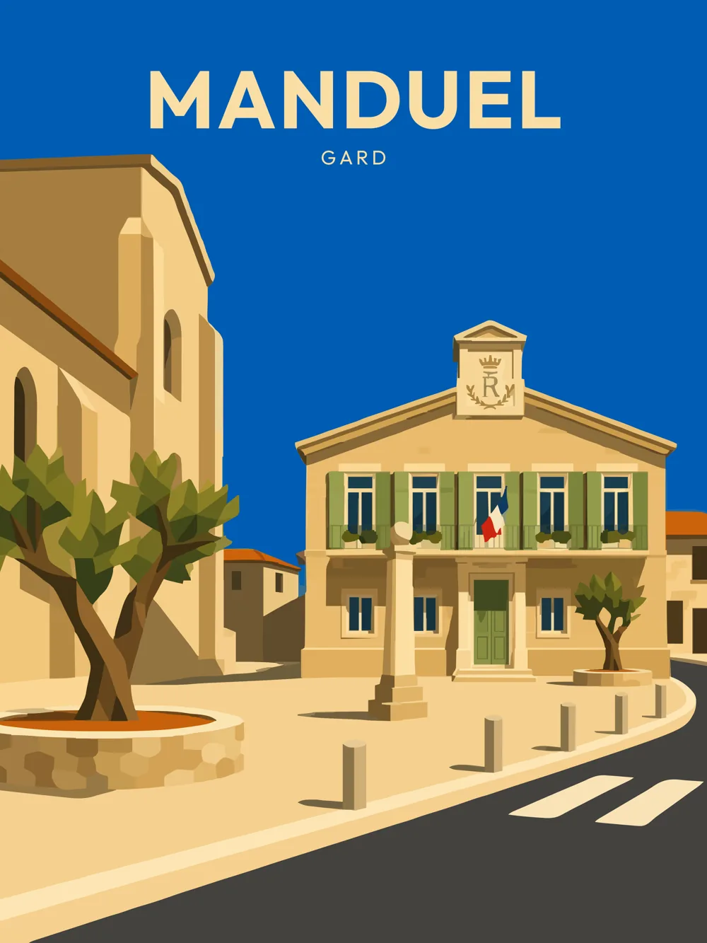 Illustration de Manduel, dans le département de Gard, réalisée dans un style d'affiche touristique vintage. L'image montre l'hôtel de ville avec des bâtiments aux teintes chaudes, des arbres en avant-plan et un ciel bleu éclatant. La composition présente des formes géométriques simplifiées et des aplats de couleur, typiques des affiches rétro. Manduel est remarquable pour son architecture et son ambiance paisible, invitant à explorer le patrimoine local.