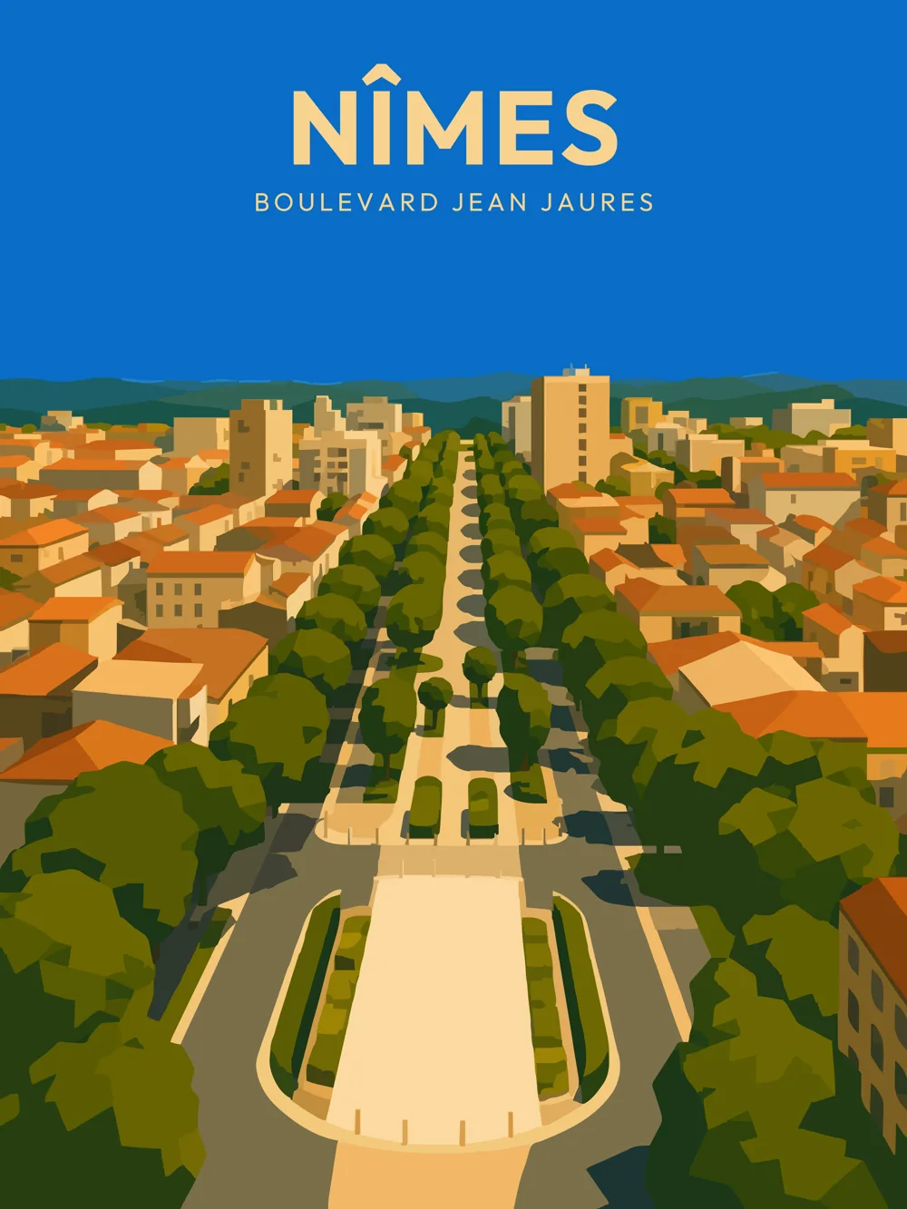 Illustration de Nîmes, dans le département du Gard, réalisée dans un style d'affiche touristique vintage. On y voit le Boulevard Jean Jaurès en perspective, bordé d'arbres et de bâtiments aux toits colorés. Le ciel bleu et la lumière douce créent une atmosphère agréable. Nîmes est remarquable pour son patrimoine romain et son ambiance conviviale, et cette affiche valorise le cadre de vie de ses habitants.