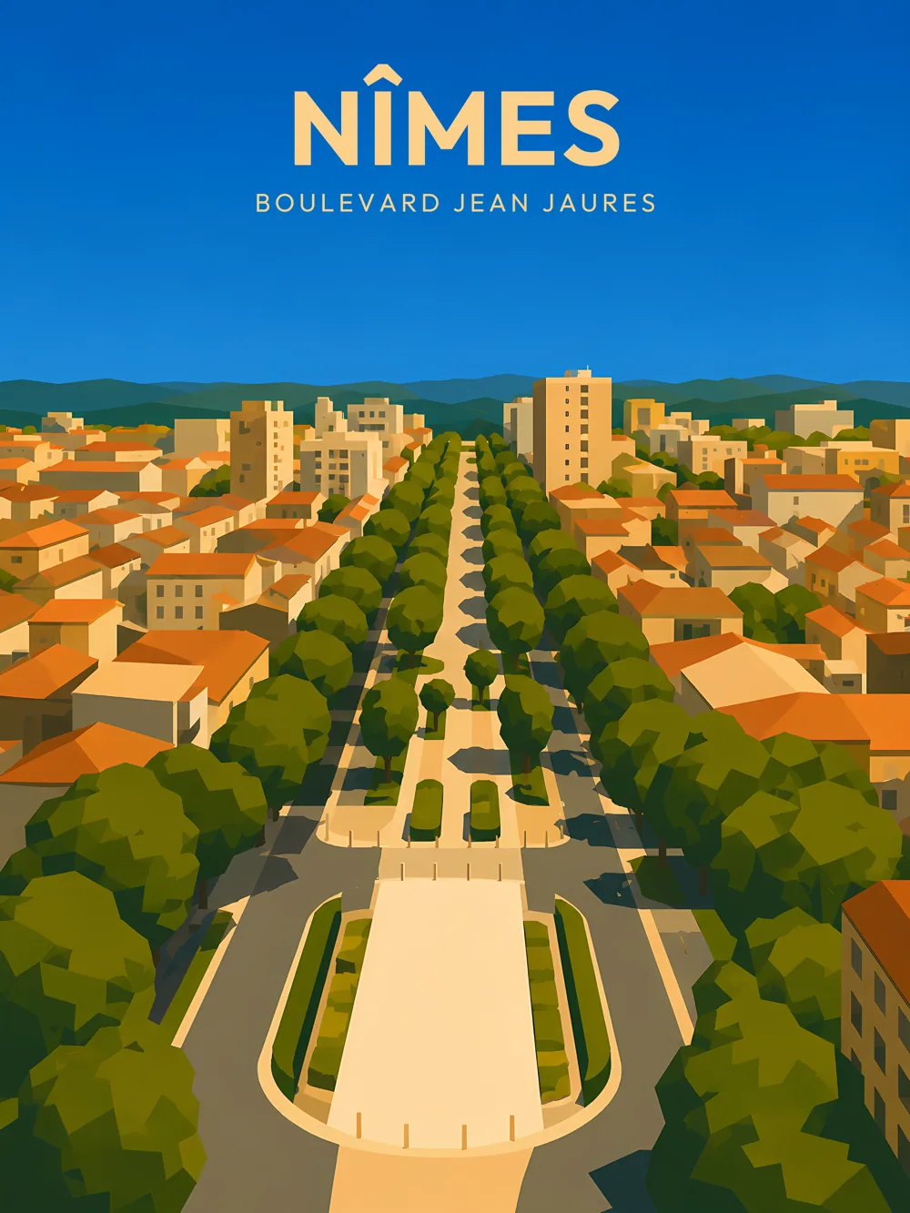 Illustration de Nîmes, dans le département du Gard, réalisée dans un style d'affiche touristique vintage. On y voit le Boulevard Jean Jaurès en perspective, bordé d'arbres et de bâtiments aux toits colorés. Le ciel bleu et la lumière douce créent une atmosphère agréable. Nîmes est remarquable pour son patrimoine romain et son ambiance conviviale, et cette affiche valorise le cadre de vie de ses habitants.