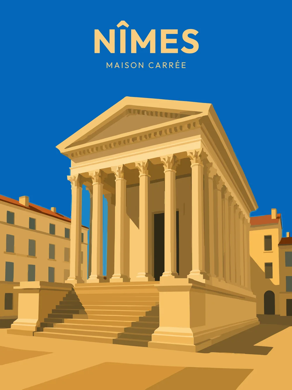 Illustration de Nîmes, dans le département du Gard, réalisée dans un style d'affiche touristique vintage. L'image met en avant la Maison Carrée, un temple romain aux colonnes imposantes, avec des escaliers menant à son entrée. En arrière-plan, des bâtiments aux façades claires complètent la composition. Le ciel bleu vif crée un contraste saisissant avec les tons chauds du bâtiment. Nîmes est célèbre pour son patrimoine romain exceptionnel, et cette illustration valorise son histoire et sa culture locales.