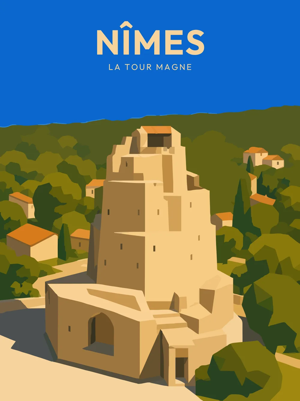 Illustration de Nîmes, dans le département du Gard, réalisée dans un style d'affiche touristique vintage. La composition met en avant la Tour Magne, monument emblématique de la ville, avec des formes géométriques simplifiées et des aplats de couleurs chaudes. Le paysage environnant est verdoyant, avec des maisons en pierre et un ciel bleu éclatant. Nîmes est remarquable pour son patrimoine romain et son ambiance méditerranéenne, faisant de cette commune un lieu d'intérêt touristique. La richesse historique de Nîmes est valorisée par cette œuvre.