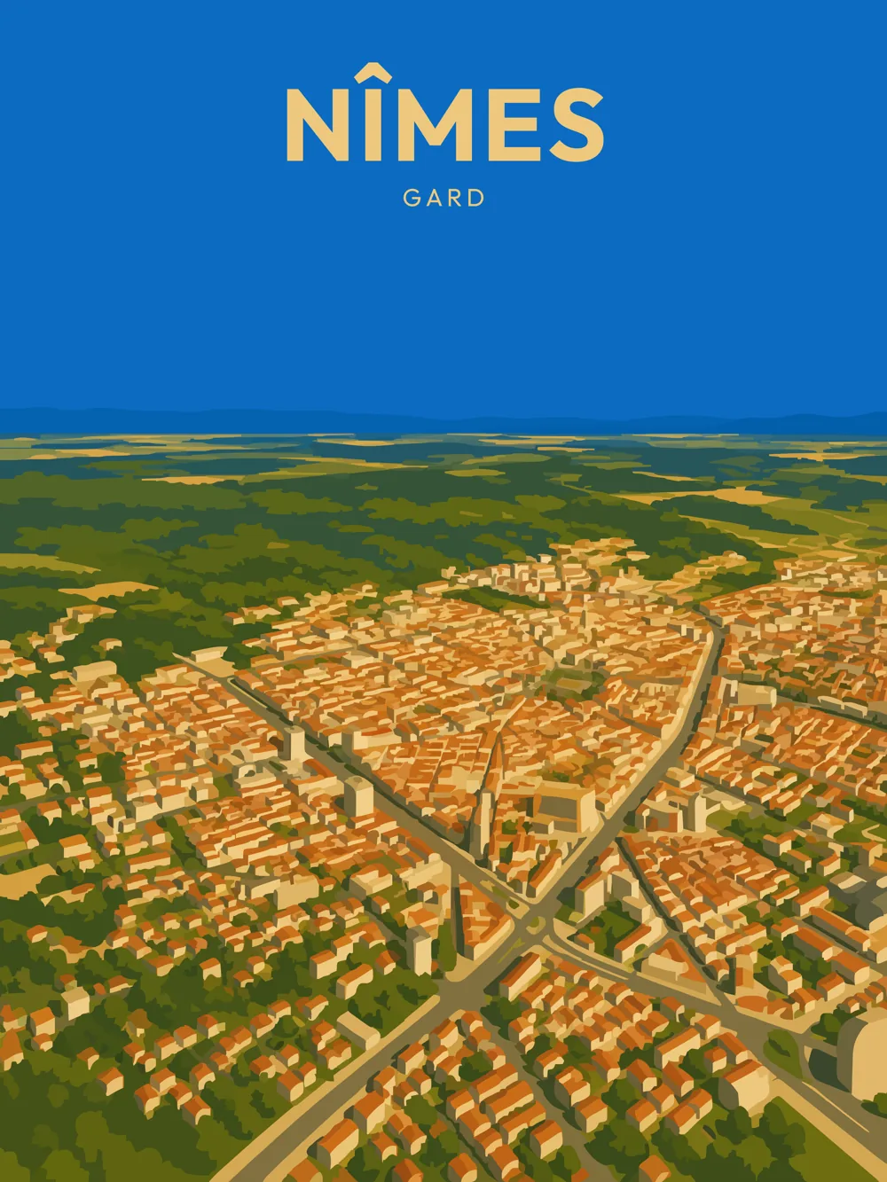 Illustration de Nîmes, dans le département de Gard, réalisée dans un style d'affiche touristique vintage. L'image présente une vue aérienne de la ville, où l'on peut distinguer la disposition des bâtiments et des routes, le tout rehaussé par des couleurs chaudes et un ciel bleu. Les formes géométriques des maisons créent une composition harmonieuse. Nîmes est remarquable pour son patrimoine romain, témoignant d'une histoire riche et d'une architecture impressionnante. Le patrimoine local est un véritable atout pour cette commune.