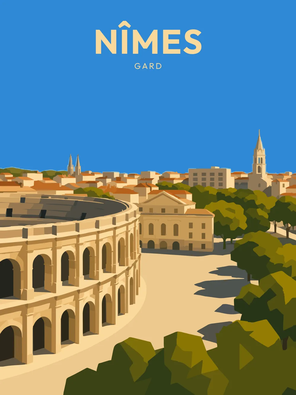 Illustration de Nîmes, dans le département du Gard, réalisée dans un style d'affiche touristique vintage. On y voit l'amphithéâtre romain en premier plan, avec ses arches majestueuses, entouré de bâtiments typiques et de végétation verdoyante. En arrière-plan, des maisons aux toits colorés se déploient sous un ciel bleu limpide, apportant une lumière éclatante à la scène. Nîmes est remarquable pour son patrimoine romain et son ambiance vivante, attirant de nombreux visiteurs chaque année. Le patrimoine local de Nîmes est un témoignage précieux de son histoire riche et variée.