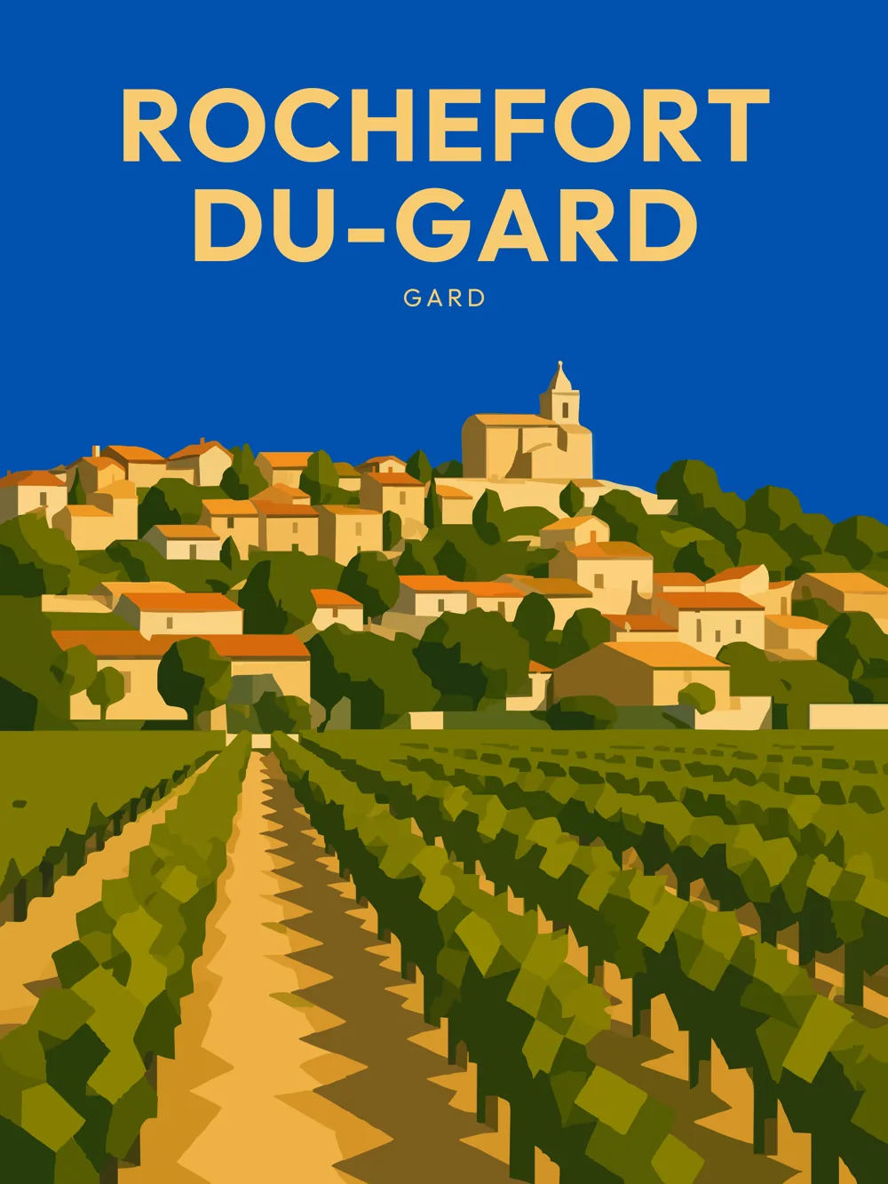 Illustration de Rochefort-du-Gard, dans le département de Gard, réalisée dans un style d'affiche touristique vintage. La composition met en avant le village perché sur une colline, entouré de vignes verdoyantes. L'architecture typique des maisons en pierre et l'église se distinguent au loin, tandis que la lumière éclatante souligne les couleurs chaudes de la palette méditerranéenne. Rochefort-du-Gard est remarquable pour son patrimoine viticole et son ambiance paisible, offrant une expérience authentique du sud de la France.