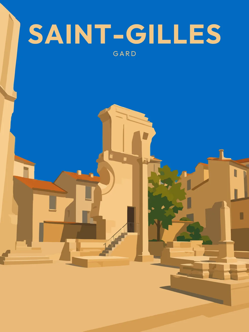 Illustration de Saint-Gilles, dans le département du Gard, réalisée dans un style d'affiche touristique vintage. L'image présente un espace urbain avec un monument central, des bâtiments aux façades claires et une végétation discrète. Les couleurs chaudes dominent, sous un ciel bleu éclatant, créant une atmosphère lumineuse. Saint-Gilles est remarquable pour son patrimoine architectural, reflet d'une riche histoire. Le patrimoine local est mis en valeur dans cette composition, offrant un aperçu de la vie dans cette commune du Gard.