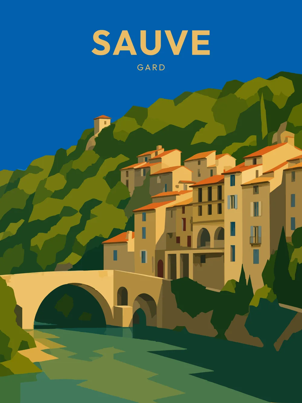 Illustration de Sauve, dans le département de Gard, réalisée dans un style d'affiche touristique vintage. La composition met en avant des maisons aux façades claires, accrochées à une colline verdoyante, dominées par un ciel bleu. Un pont en arc traverse une rivière calme au premier plan, ajoutant une dimension paisible à la scène. Les couleurs chaudes et les formes géométriques simplifiées évoquent un style rétro. Sauve est remarquable pour son architecture médiévale et son cadre naturel exceptionnel, faisant de cette commune un véritable atout du patrimoine local.