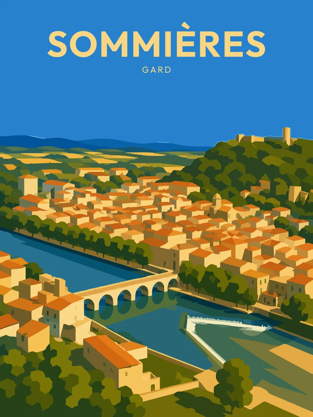Illustration de Sommières, dans le département de Gard, réalisée dans un style d'affiche touristique vintage. L'image présente une vue panoramique de la commune avec un pont médiéval traversant un fleuve, des maisons aux toits orangés, et une colline verdoyante en arrière-plan. Les couleurs dominantes sont des tons chauds et des verts, créant une atmosphère apaisante. Sommières est remarquable pour son riche patrimoine historique et son cadre naturel. Le patrimoine local, entre architecture médiévale et paysages pittoresques, est à découvrir.