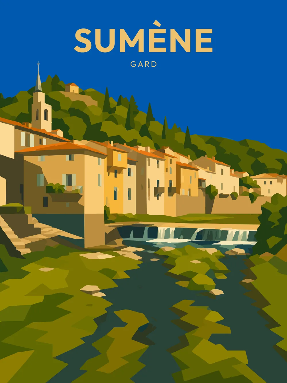 Illustration de Sumène, dans le département de Gard, réalisée dans un style d'affiche touristique vintage. La composition met en avant des maisons aux façades colorées, accentuées par un paysage verdoyant en arrière-plan. Une rivière traverse le bas de l'image, ajoutant une touche de sérénité à la scène. Le ciel est d'un bleu profond, créant un contraste saisissant avec les teintes chaudes des bâtiments. Sumène est connue pour son patrimoine historique et ses paysages naturels, faisant de cette commune un lieu de visite agréable et mémorable.