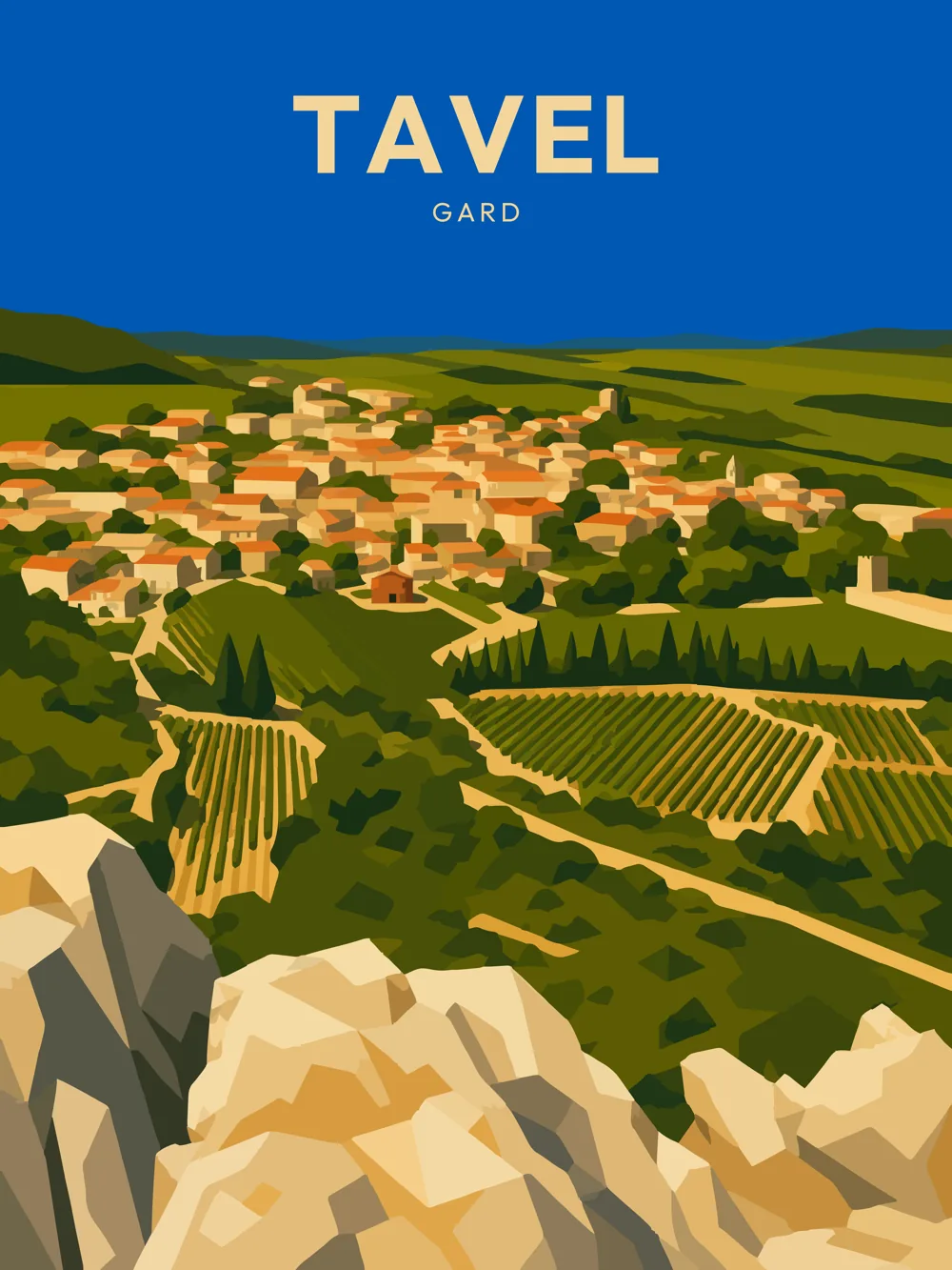 Illustration de Tavel, dans le département du Gard, réalisée dans un style d'affiche touristique vintage. Cette composition montre une vue panoramique du village de Tavel, soulignant ses bâtiments aux couleurs chaudes et ses vignobles en terrasses. Les formes géométriques et les aplats de couleurs évoquent le style rétro, tandis que le ciel bleu profond met en valeur le paysage environnant. Tavel est remarquable pour ses vins rosés et son riche patrimoine viticole, faisant de cette commune un véritable atout pour les amoureux du vin et de la nature.
