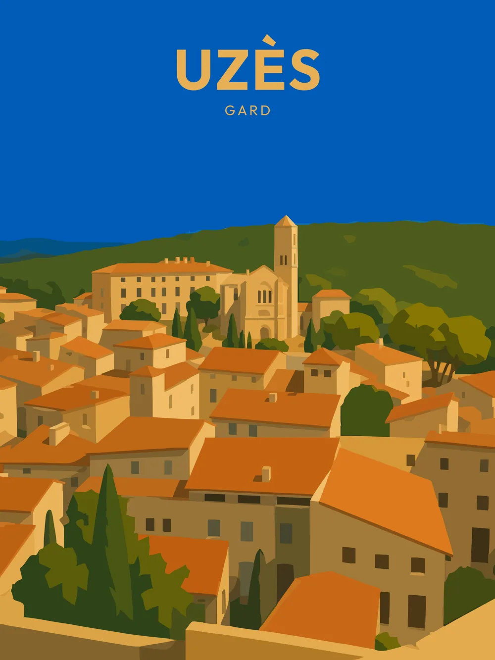 Illustration de Uzès, dans le département de Gard, réalisée dans un style d'affiche touristique vintage. La composition présente un panorama de la ville avec des maisons aux toits en tuiles rouges, un clocher médiéval et des arbres verdoyants en arrière-plan. Les couleurs chaudes dominent, avec des aplats et des formes géométriques simplifiées, évoquant une ambiance rétro. Uzès est connue pour son riche patrimoine historique et son atmosphère paisible, faisant d'elle une destination attrayante pour les amateurs d'histoire et de culture.