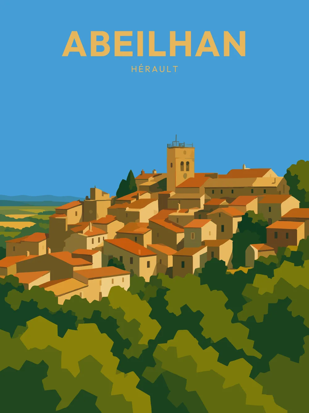 Illustration du village d'Abeilhan dans l'Hérault, réalisée dans un style d'affiche de voyage vintage, montrant les maisons en pierre, le clocher de l'église et les vignobles qui entourent ce village typique du sud de la France.