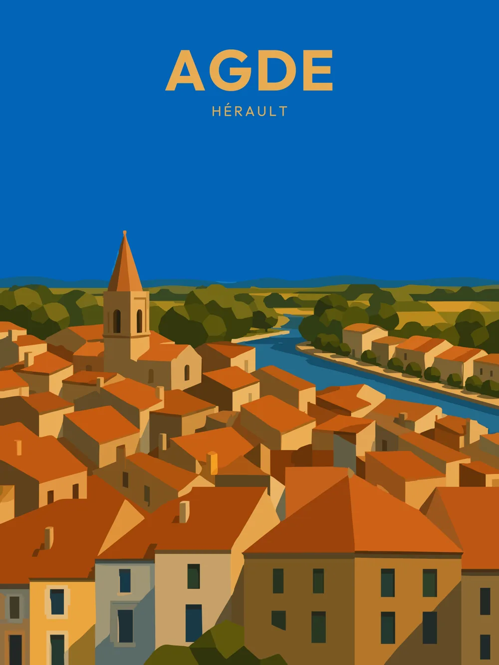 Illustration d'Agde dans l'Hérault montrant les toits du centre historique, le clocher de l'église et le fleuve Hérault, réalisée dans un style graphique inspiré des affiches de tourisme vintage.