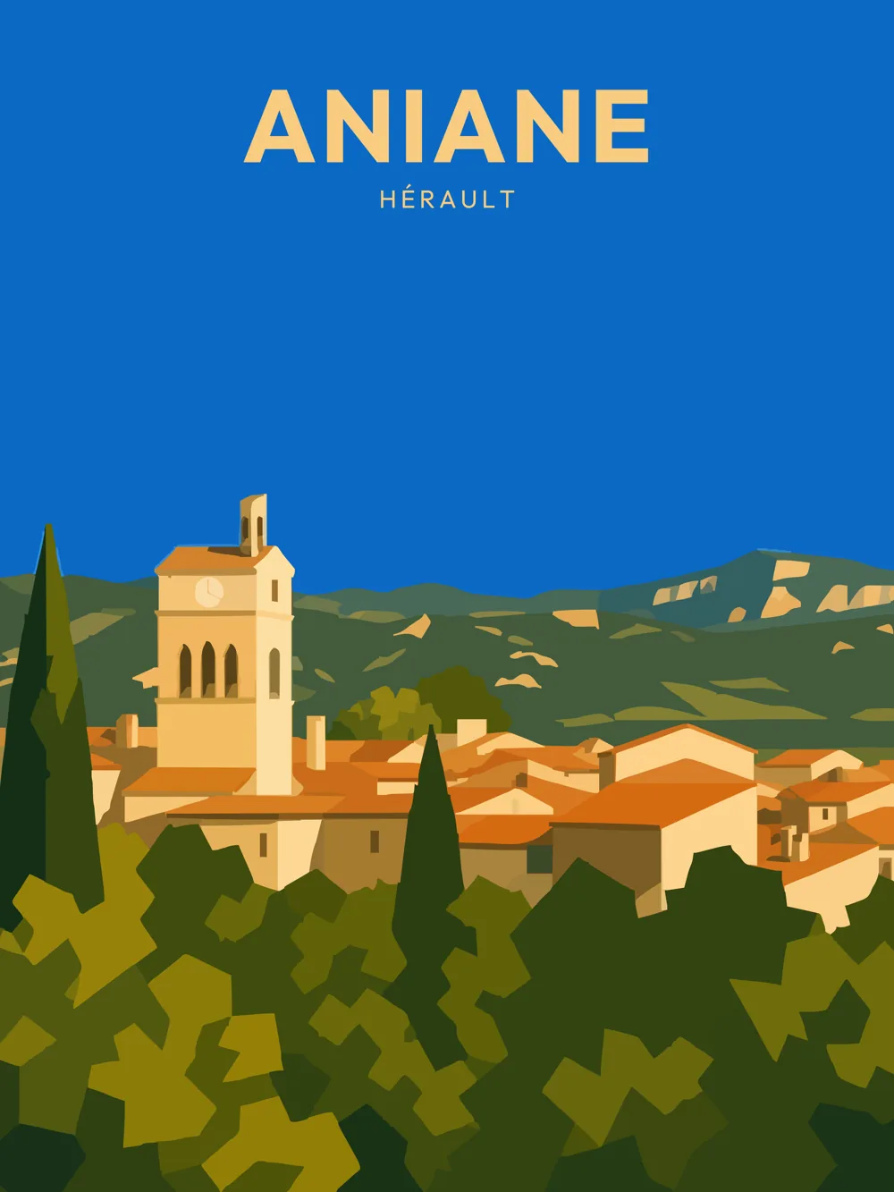 Illustration du village d'Aniane dans l'Hérault, réalisée dans un style d'affiche de voyage vintage, montrant le clocher de l'église, les maisons aux toits de tuiles, les vignobles et les paysages de garrigue caractéristiques de la vallée de l'Hérault.
