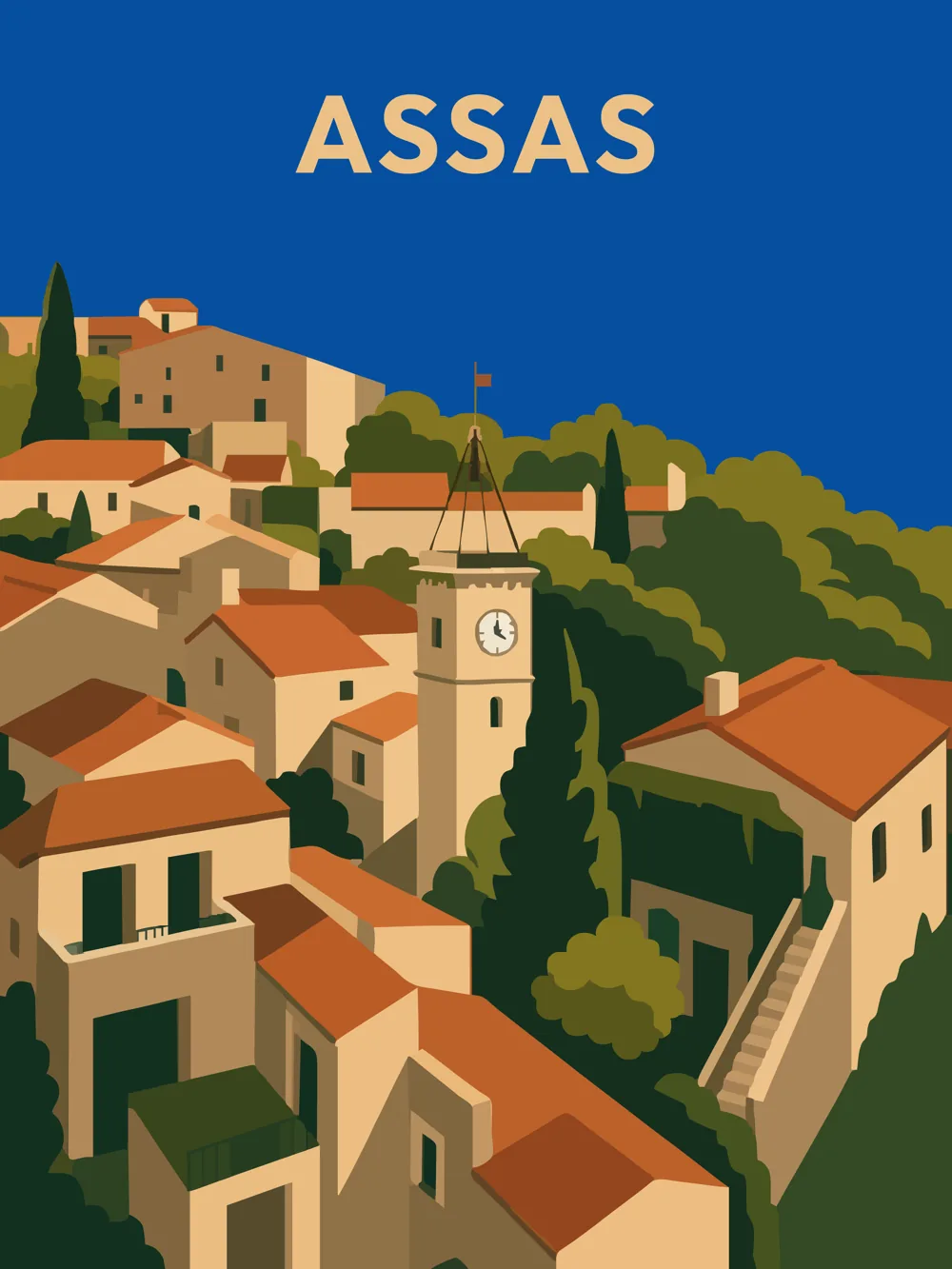Illustration du village d'Assas dans l'Hérault, réalisée dans un style d'affiche de voyage vintage. L'image met en valeur la tour de l'horloge, les maisons traditionnelles aux toits de tuiles et le cadre verdoyant de ce village de caractère situé près de Montpellier.