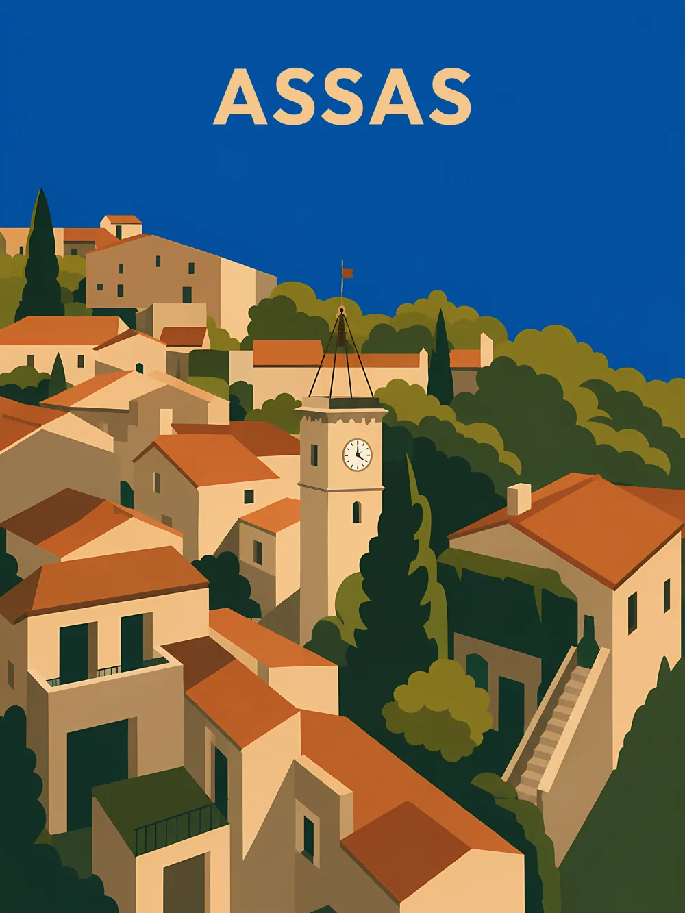 Illustration du village d'Assas dans l'Hérault, réalisée dans un style d'affiche de voyage vintage. L'image met en valeur la tour de l'horloge, les maisons traditionnelles aux toits de tuiles et le cadre verdoyant de ce village de caractère situé près de Montpellier.