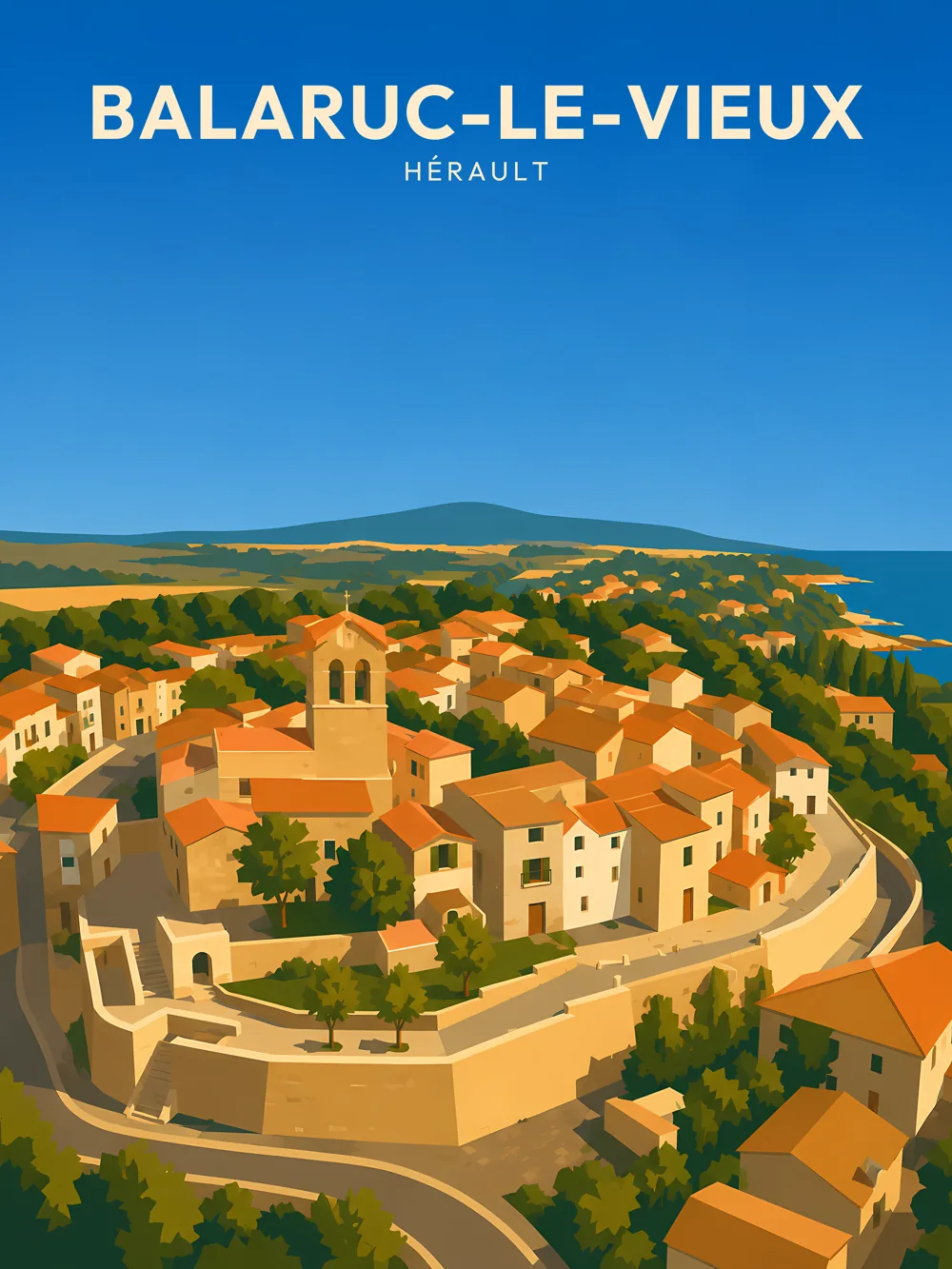 Illustration de Balaruc-le-Vieux, dans le département de Hérault, réalisée dans un style d'affiche touristique vintage. L'image présente une vue panoramique du village circulaire, avec des maisons aux toits de tuiles et un clocher au centre. La végétation environnante est composée d'arbres et de collines, tandis que la mer scintille à l'horizon sous un ciel bleu. Ce style graphique utilise des aplats de couleurs et des formes simplifiées, créant une ambiance lumineuse et chaleureuse. Balaruc-le-Vieux est réputé pour son patrimoine architectural et son environnement naturel. La commune offre un cadre de vie agréable et un riche patrimoine à explorer.