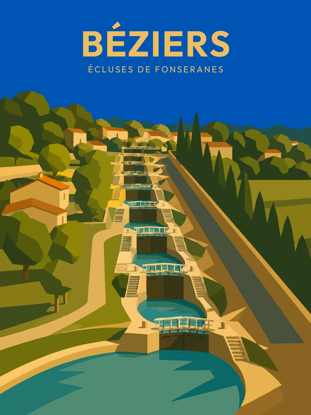 Illustration des écluses de Fonseranes à Béziers, dans l'Hérault, réalisée dans un style d'affiche de voyage vintage. L'image met en valeur la célèbre volée d'écluses du Canal du Midi, classé au patrimoine mondial de l'UNESCO, au cœur d'un paysage typique du sud de la France.