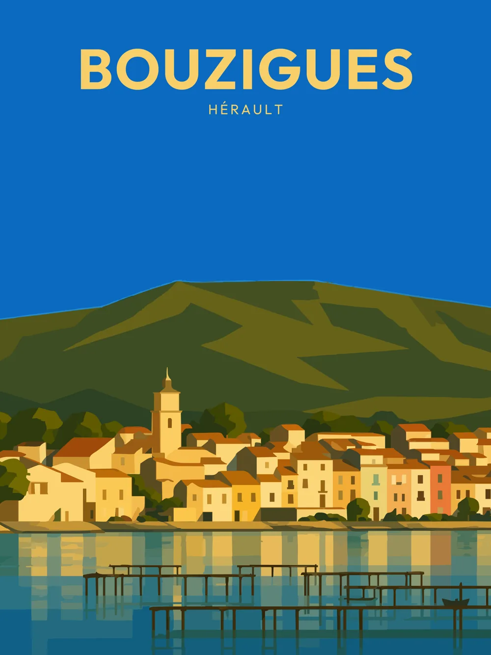 Illustration de Bouzigues, dans le département de l'Hérault, réalisée dans un style d'affiche touristique vintage. On y voit des maisons aux teintes variées, bordées par un plan d'eau calme, avec en toile de fond une colline verdoyante. Les couleurs sont chaleureuses, dominées par des nuances de bleu et de vert, créant une atmosphère paisible. Le style graphique se caractérise par des aplats de couleurs et des formes simplifiées. Bouzigues est réputée pour ses huîtres et son port, témoignant d'un riche patrimoine maritime. La commune valorise un cadre de vie agréable et authentique.