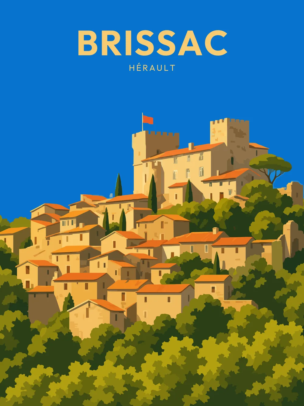 Illustration de Brissac, dans le département de Hérault, réalisée dans un style d'affiche touristique vintage. Cette composition met en avant le village perché sur une colline avec son château médiéval, entouré de maisons aux façades claires et de toits en tuiles orangées. La végétation verdoyante et les cypress ajoutent une touche de nature, tandis que le ciel bleu éclatant illumine l'ensemble. Brissac est reconnu pour son patrimoine historique et son ambiance paisible, valorisant ainsi son riche héritage local.