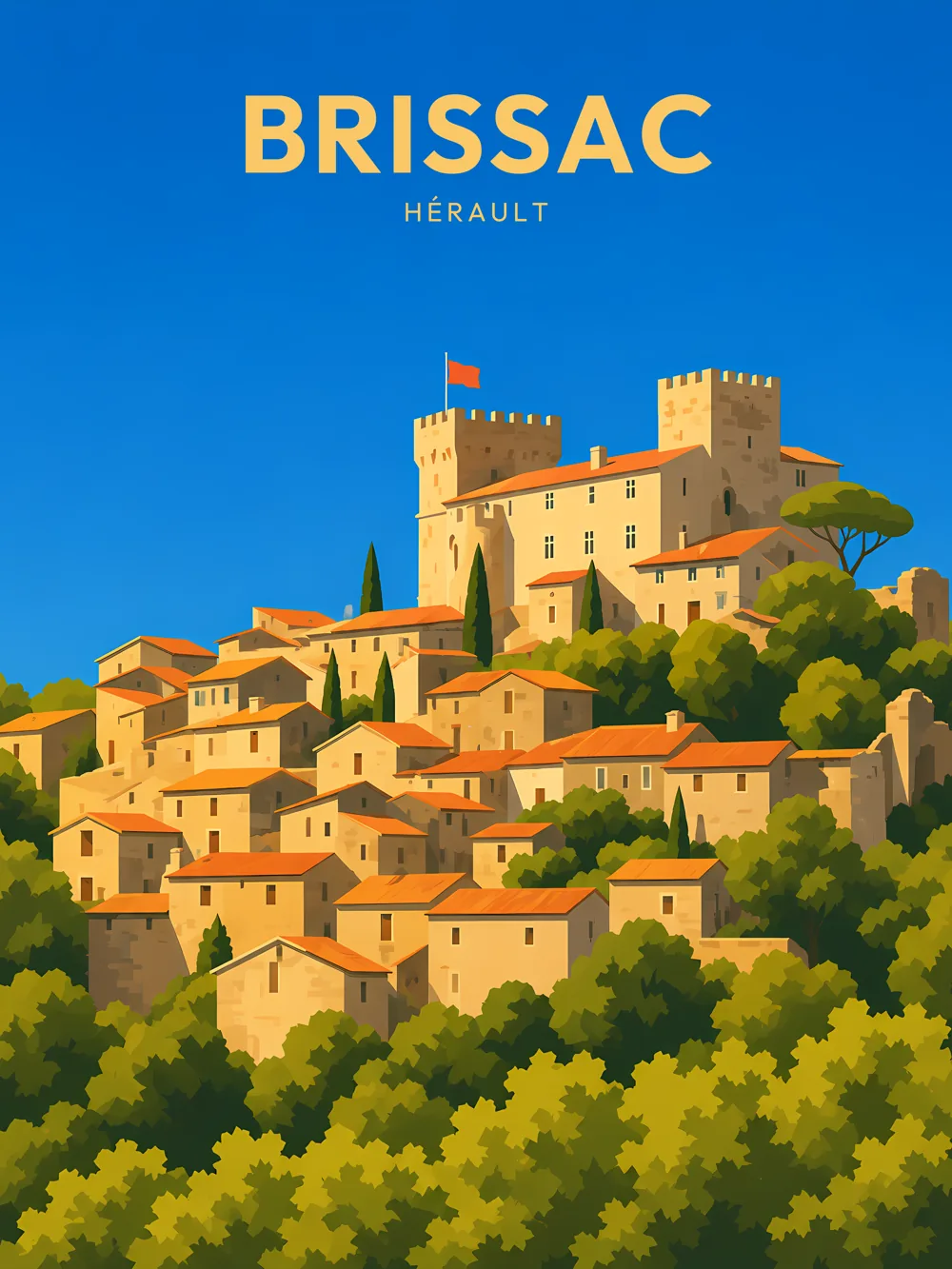 Illustration de Brissac, dans le département de Hérault, réalisée dans un style d'affiche touristique vintage. Cette composition met en avant le village perché sur une colline avec son château médiéval, entouré de maisons aux façades claires et de toits en tuiles orangées. La végétation verdoyante et les cypress ajoutent une touche de nature, tandis que le ciel bleu éclatant illumine l'ensemble. Brissac est reconnu pour son patrimoine historique et son ambiance paisible, valorisant ainsi son riche héritage local.