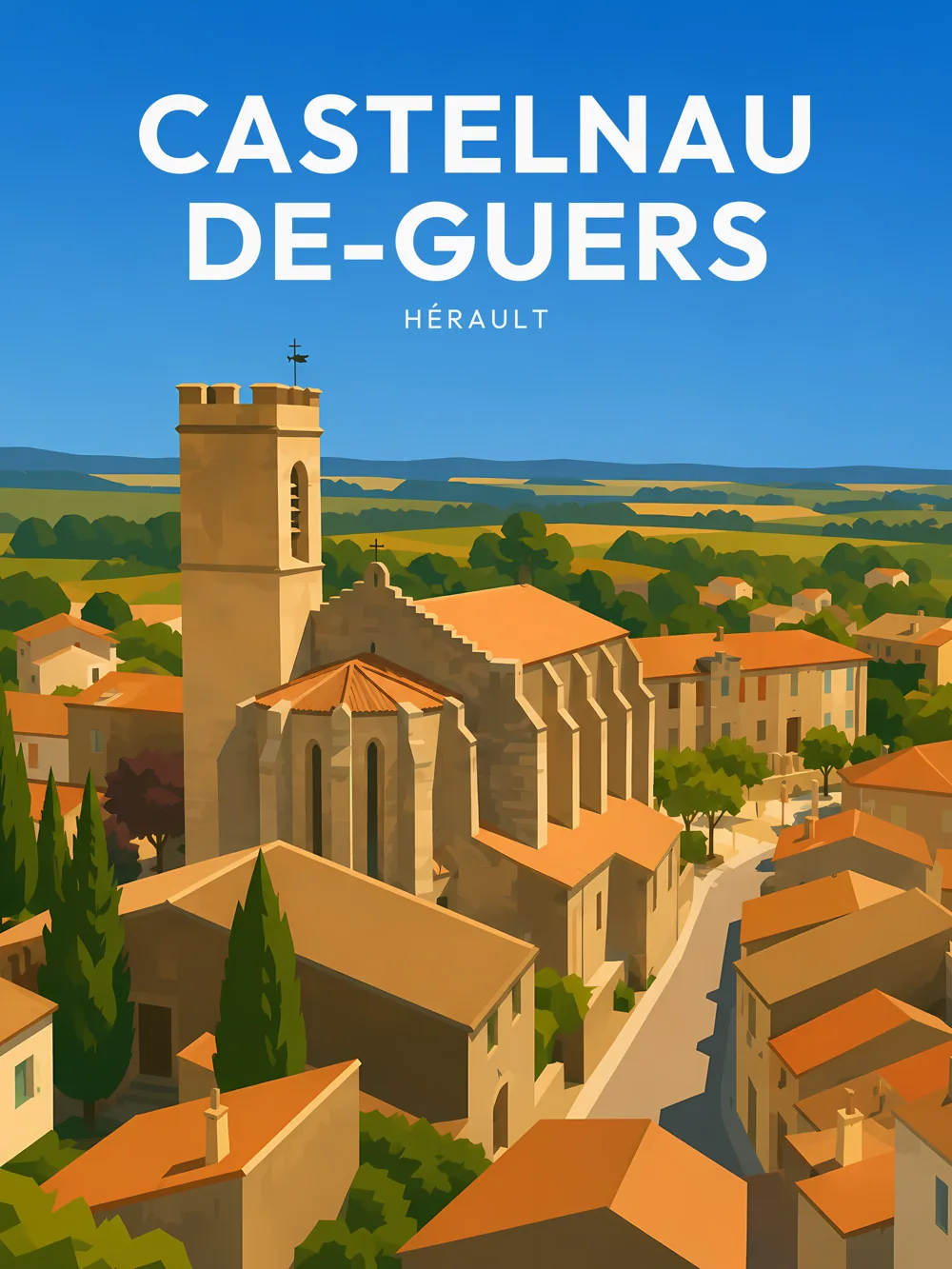 Illustration de Castelnau-de-Guers, dans le département de l'Hérault, réalisée dans un style d'affiche touristique vintage. L'image montre l'église de la commune avec son clocher distinctif, entourée de maisons aux toits en tuiles et de cypress, le tout sous un ciel bleu éclatant. Le paysage vallonné en arrière-plan ajoute à la beauté de la scène. Castelnau-de-Guers est remarquable pour son patrimoine architectural et son ambiance paisible, faisant de cette commune un véritable havre de paix.