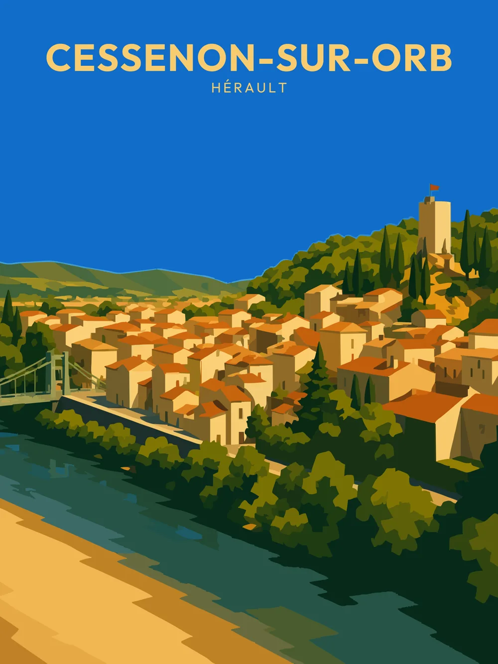 Illustration de Cessenon-sur-Orb, dans le département de Hérault, réalisée dans un style d'affiche touristique vintage. L'image montre un panorama du village avec des maisons aux façades claires et des toits de tuiles, encadrées par des collines verdoyantes et le fleuve Orb. La lumière éclaire la scène, créant des contrastes entre les éléments naturels et architecturaux. Ce village est remarquable pour son patrimoine historique et son environnement naturel apaisant, faisant de Cessenon-sur-Orb une destination prisée pour le tourisme et les activités en plein air.