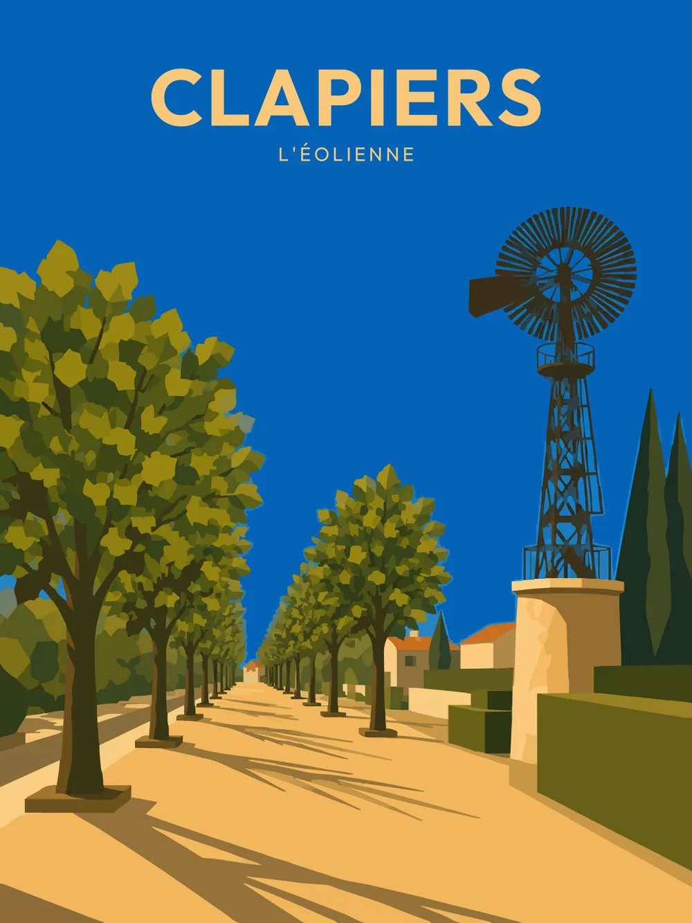 Illustration de l'éolienne Bollée de Clapiers dans l'Hérault, réalisée dans un style d'affiche de voyage vintage. L'image met en valeur cette éolienne historique du XIXᵉ siècle, une allée arborée et le cadre paisible de ce village situé près de Montpellier.