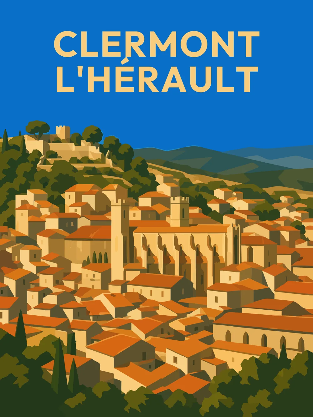 Illustration de Clermont-l'Hérault, dans le département de l'Hérault, réalisée dans un style d'affiche touristique vintage. Cette composition met en avant les maisons aux toits en terracotta, les ruelles sinueuses et les collines verdoyantes qui entourent la commune. Les aplats de couleurs chaudes et la lumière éclatante créent une atmosphère accueillante. Clermont-l'Hérault est remarquable pour son patrimoine historique et ses paysages naturels, offrant un cadre enchanteur pour les visiteurs. Le patrimoine local est riche et mérite d'être découvert.