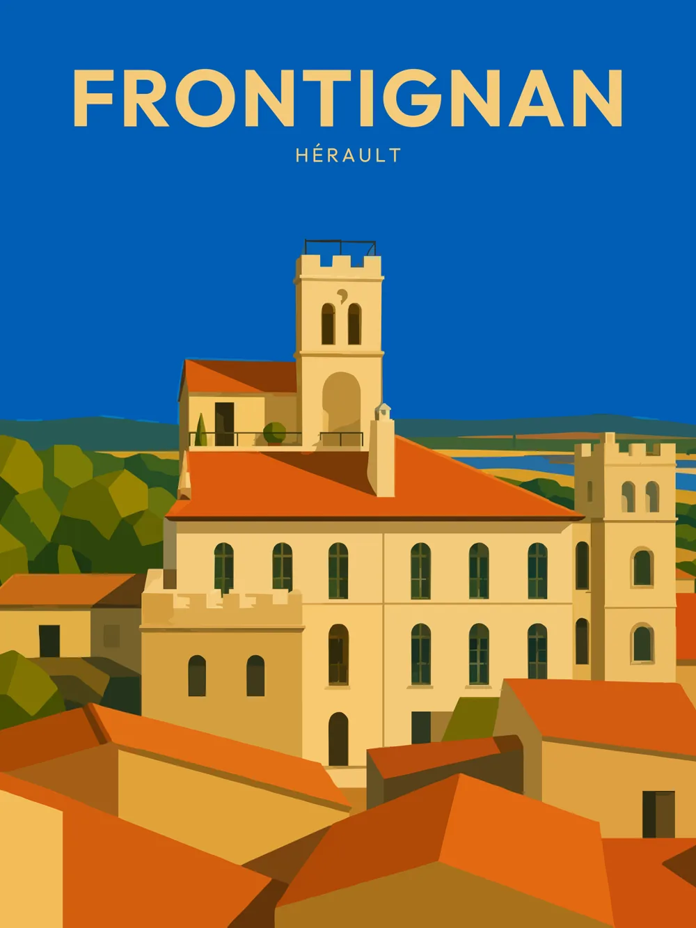 Illustration de la Maison Poulalion à Frontignan (Hérault), réalisée dans un style d'affiche de voyage vintage, mettant en valeur les toits du centre historique et l'architecture emblématique de cette ville du littoral méditerranéen.