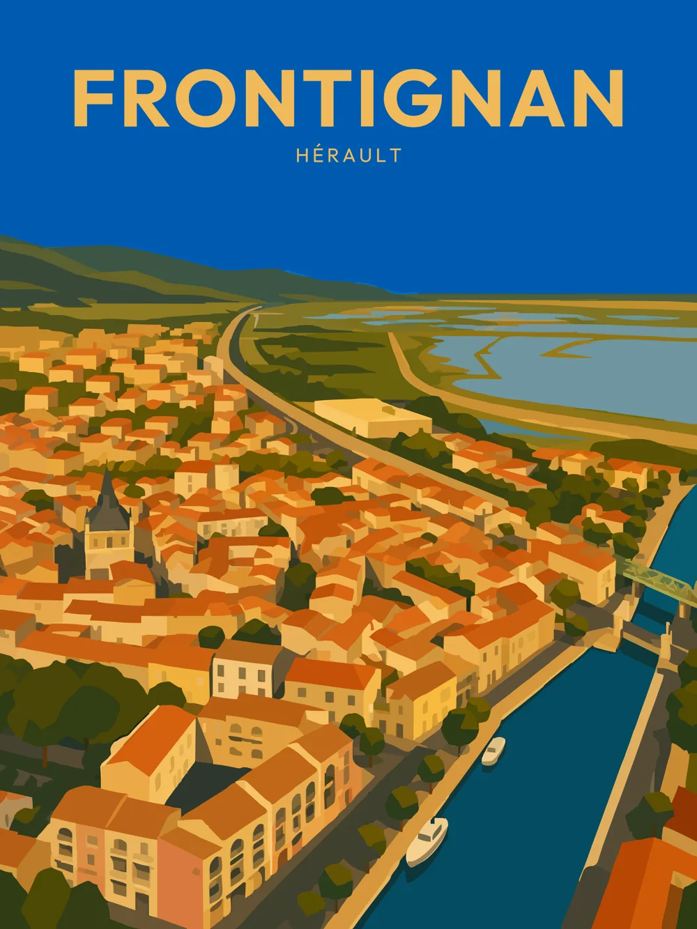 Illustration de Frontignan dans l'Hérault, vue depuis les hauteurs, montrant le centre historique, le canal, les bateaux et les étangs côtiers dans un style graphique inspiré des affiches de voyage vintage.