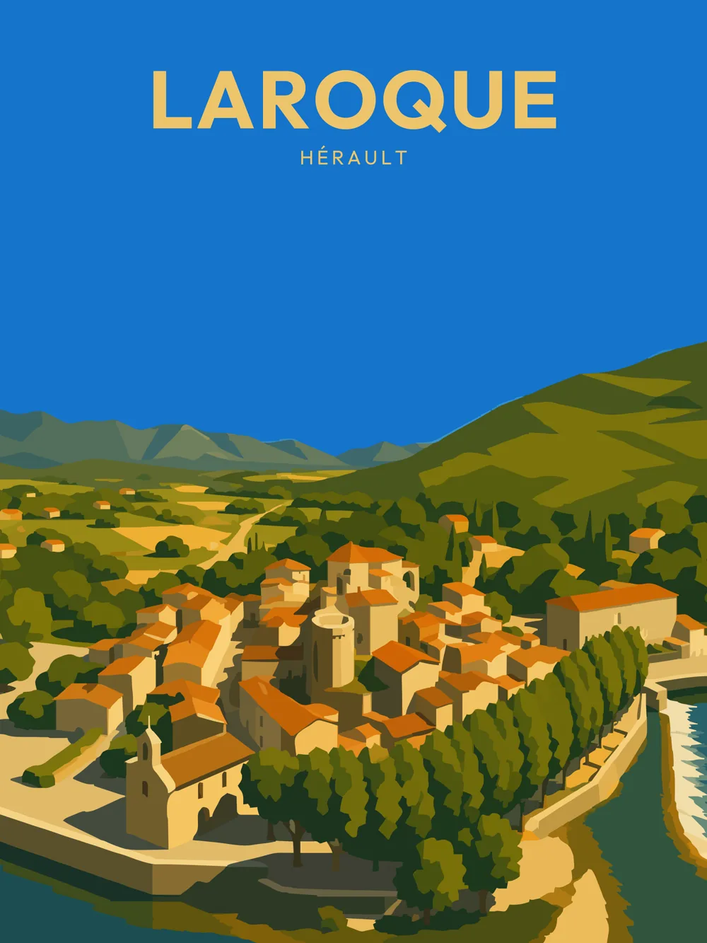 Illustration de Laroque, dans le département de l'Hérault, réalisée dans un style d'affiche touristique vintage. La composition montre le village de Laroque avec ses maisons aux toits en tuiles, un clocher au centre, et un paysage de collines verdoyantes en arrière-plan. Les couleurs chaudes et le ciel bleu vif créent une atmosphère accueillante. Laroque se distingue par son patrimoine architectural et son cadre naturel, offrant un cadre de vie paisible et inspirant pour les visiteurs.