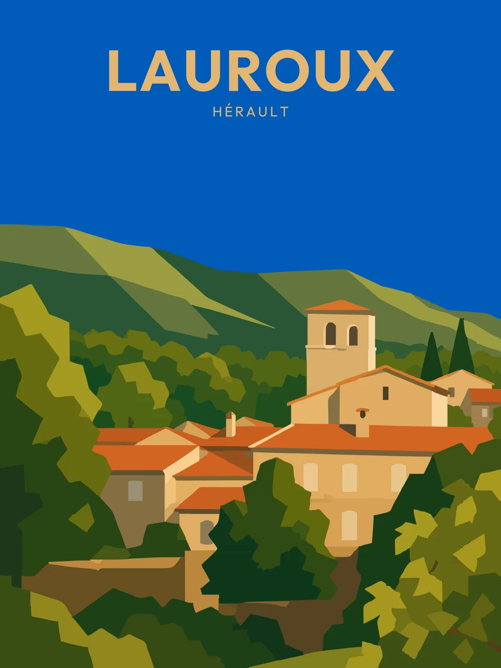 Illustration de Lauroux dans l'Hérault, réalisée dans un style d'affiche de voyage vintage. L'image met en valeur le village, son église, ses maisons traditionnelles et les paysages vallonnés du Haut-Languedoc qui entourent cette commune de caractère.