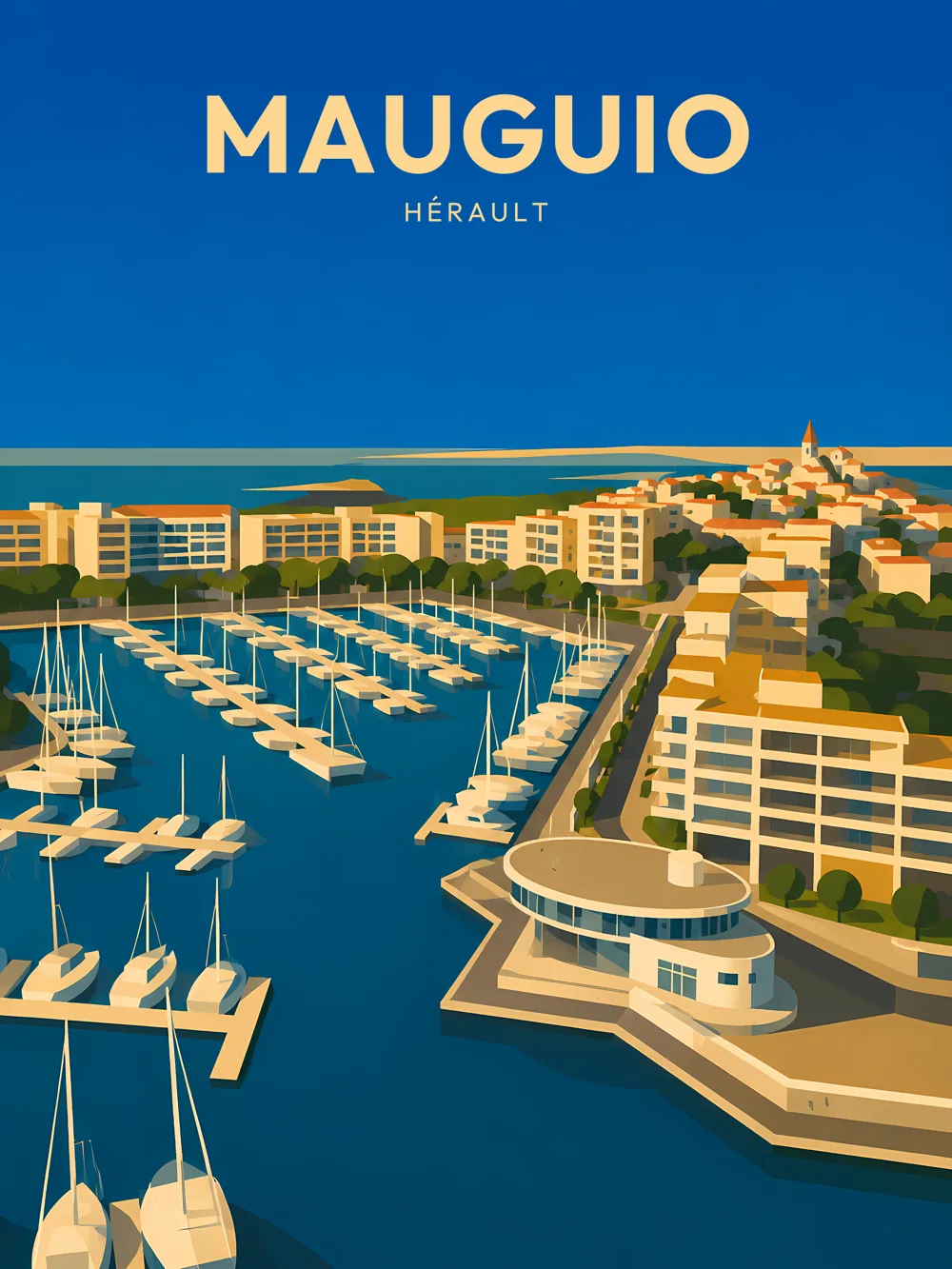 Illustration de Mauguio dans l'Hérault réalisée dans un style d'affiche touristique vintage. L'image représente le centre historique dominé par l'église Saint-Jacques, reconnaissable à ses deux tours et à sa façade monumentale, entourée des toits de tuiles typiques du village languedocien.