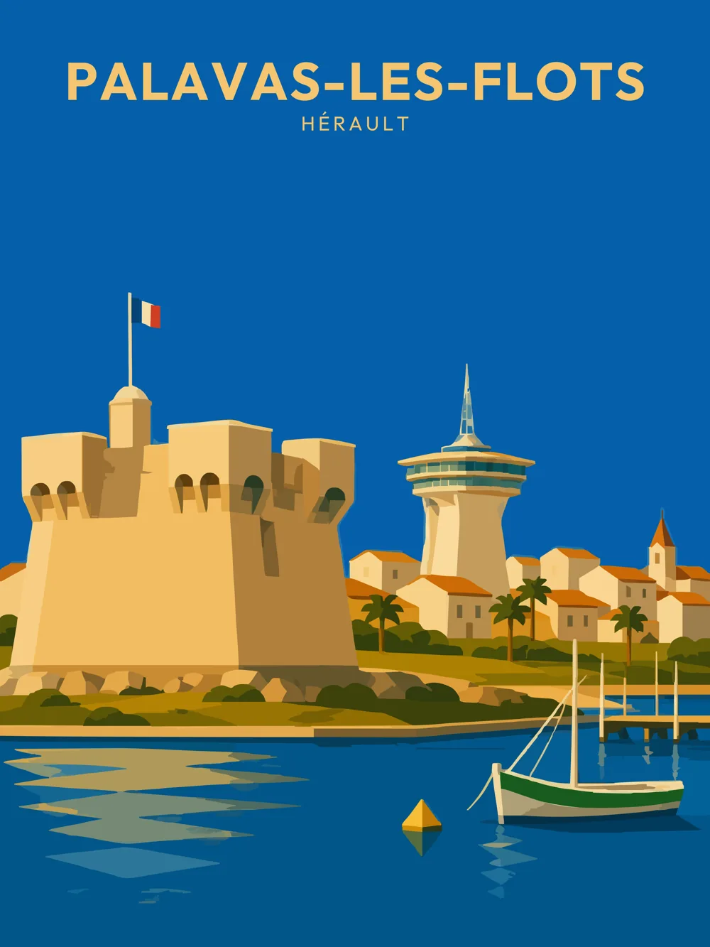 Illustration de Palavas-les-Flots dans l'Hérault réalisée dans un style d'affiche touristique vintage. L'image représente la tour de défense du XVIIᵉ siècle, le Phare de la Méditerranée, les bateaux amarrés et le front de mer, symboles emblématiques de cette célèbre station balnéaire du littoral héraultais.