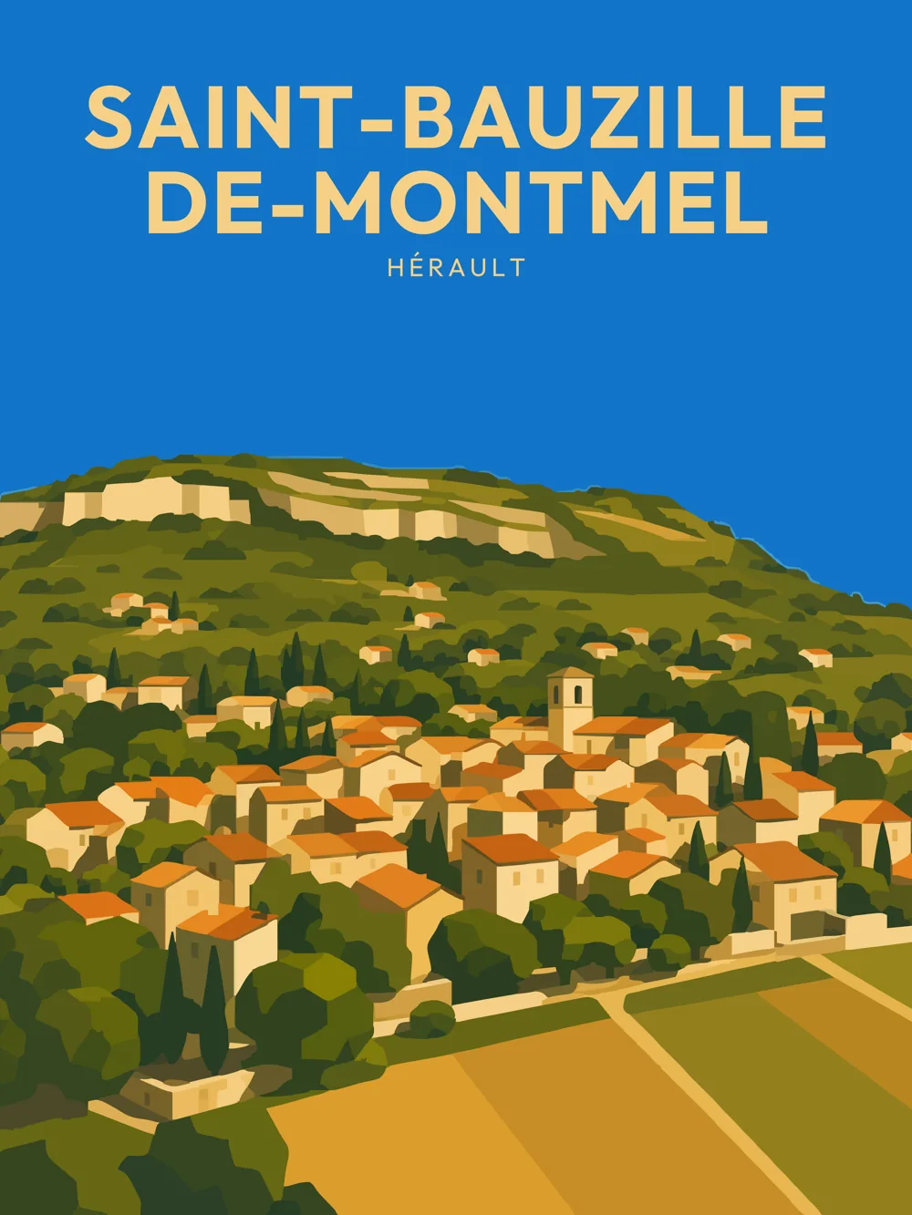 Illustration de Saint-Bauzille-de-Montmel, dans le département de Hérault, réalisée dans un style d'affiche touristique vintage. Cette composition présente un village paisible, avec des maisons aux toits orange, entouré de verdure et de collines. Le ciel bleu vif ajoute une touche de luminosité à l'ensemble. Le style graphique, caractérisé par des aplats de couleurs et des formes géométriques simplifiées, évoque une ambiance rétro. Saint-Bauzille-de-Montmel est remarquable par son cadre naturel et son patrimoine local, offrant une immersion dans la culture occitane.