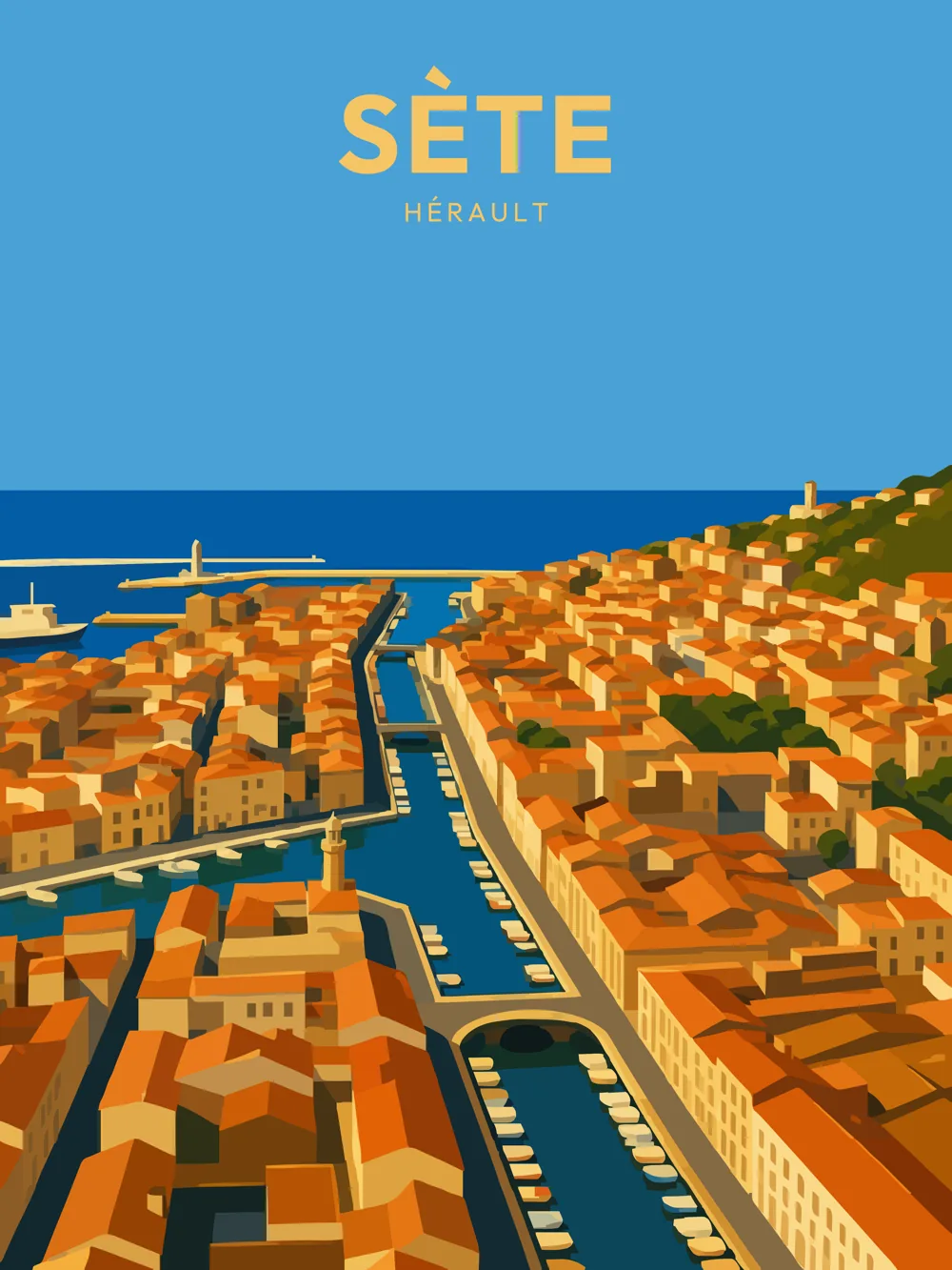 Illustration de Sète dans l'Hérault, réalisée dans un style d'affiche de voyage vintage, montrant les célèbres canaux, le port, les quais et les toits de la ville, avec la mer Méditerranée en arrière-plan.
