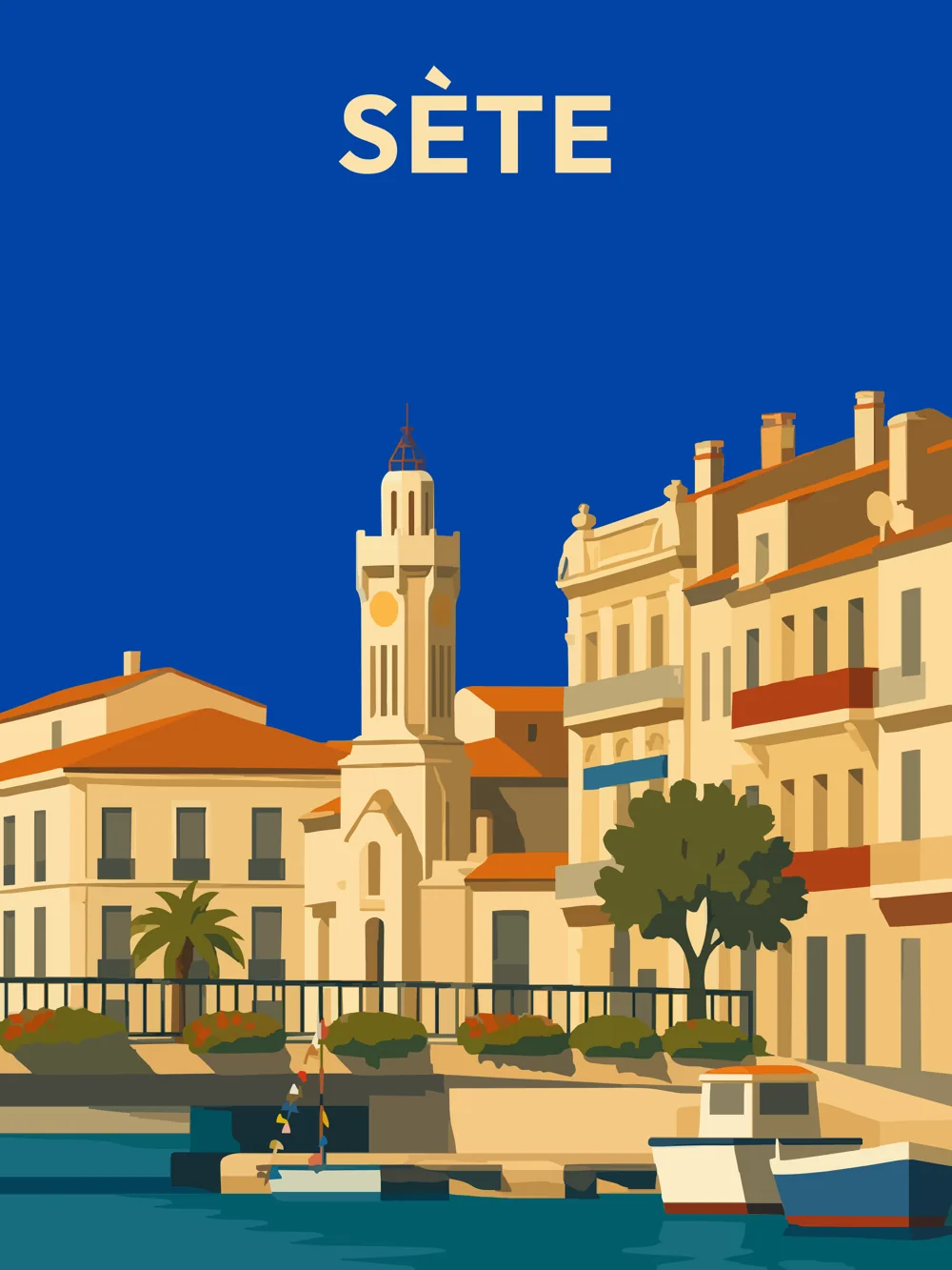 Illustration de la Maison Régionale de la Mer, ancien Palais consulaire de Sète, réalisée dans un style d'affiche de voyage vintage. L'image met en scène le canal Royal, les quais, les bateaux et l'un des bâtiments les plus emblématiques du patrimoine maritime sétois.