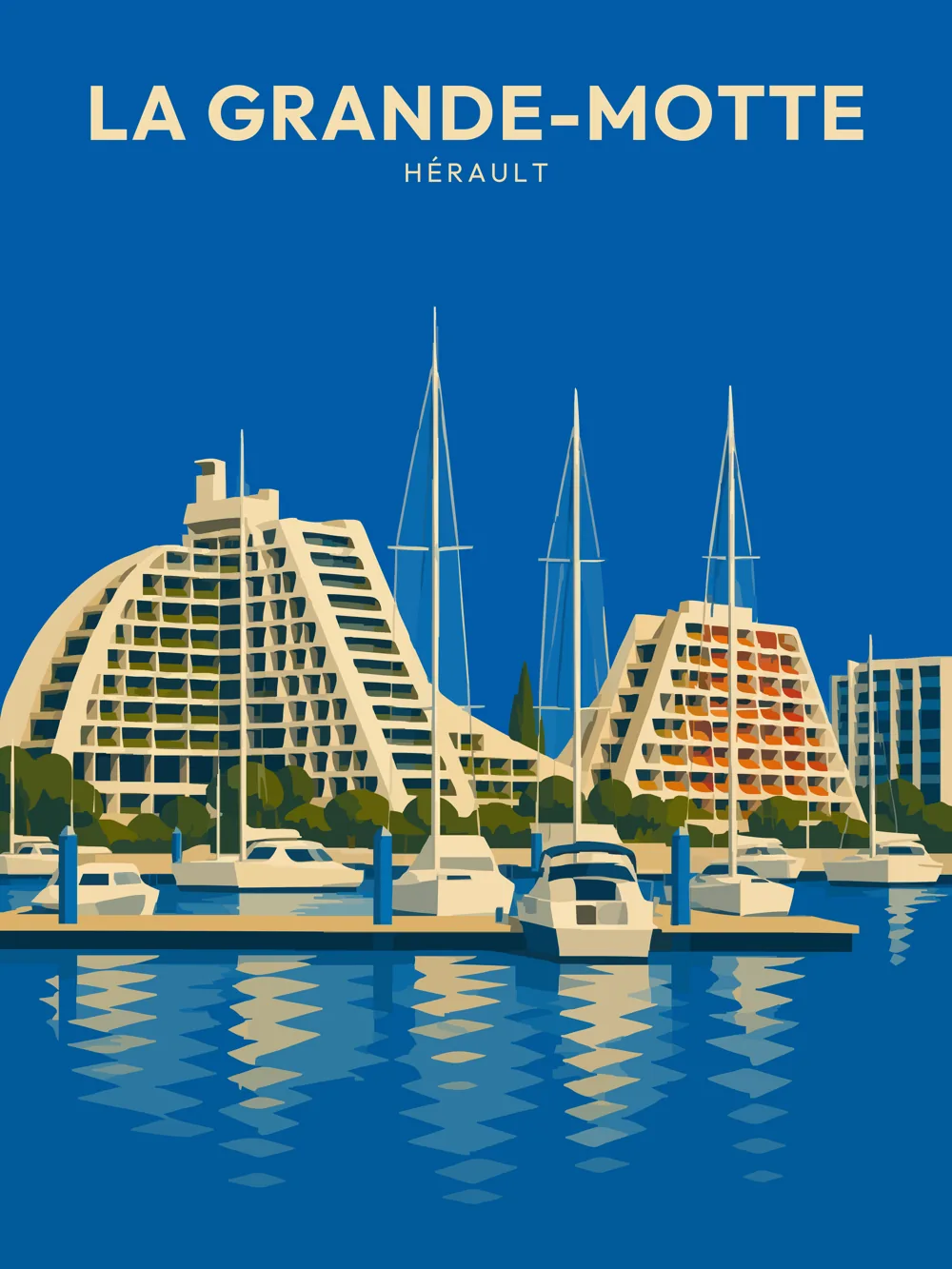 Illustration de La Grande-Motte dans l'Hérault réalisée dans un style d'affiche touristique vintage. L'image représente le port de plaisance bordé par les célèbres immeubles pyramidaux imaginés par l'architecte Jean Balladur, symboles de cette station balnéaire emblématique de la côte méditerranéenne française.