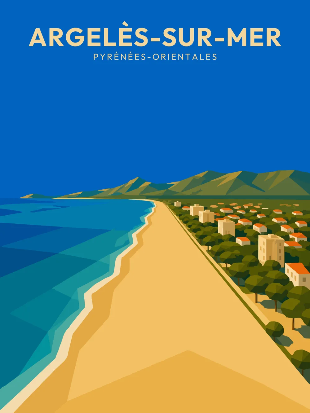 Illustration d'Argelès-sur-Mer dans les Pyrénées-Orientales réalisée dans un style d'affiche touristique vintage. L'image représente la vaste plage de sable fin bordant la Méditerranée, les quartiers littoraux et le massif des Albères qui plonge dans la mer, l'un des paysages les plus emblématiques de la côte Vermeille.