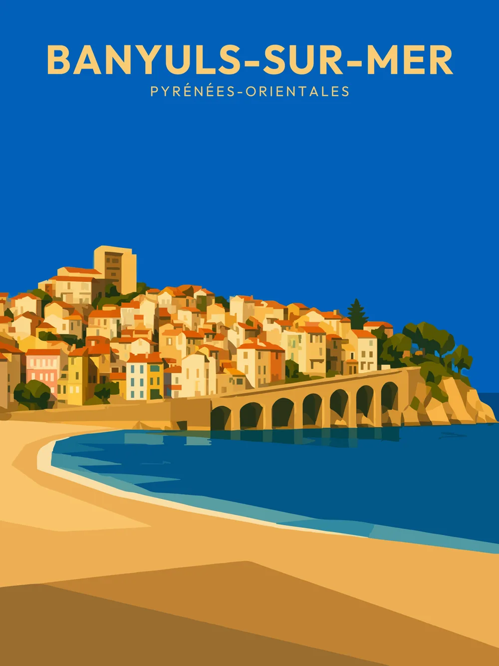 Illustration de Banyuls-sur-Mer dans les Pyrénées-Orientales réalisée dans un style d'affiche touristique vintage. L'image représente la baie, la plage, les arcades du front de mer et les maisons du village accrochées à flanc de colline, un paysage emblématique de la Côte Vermeille.